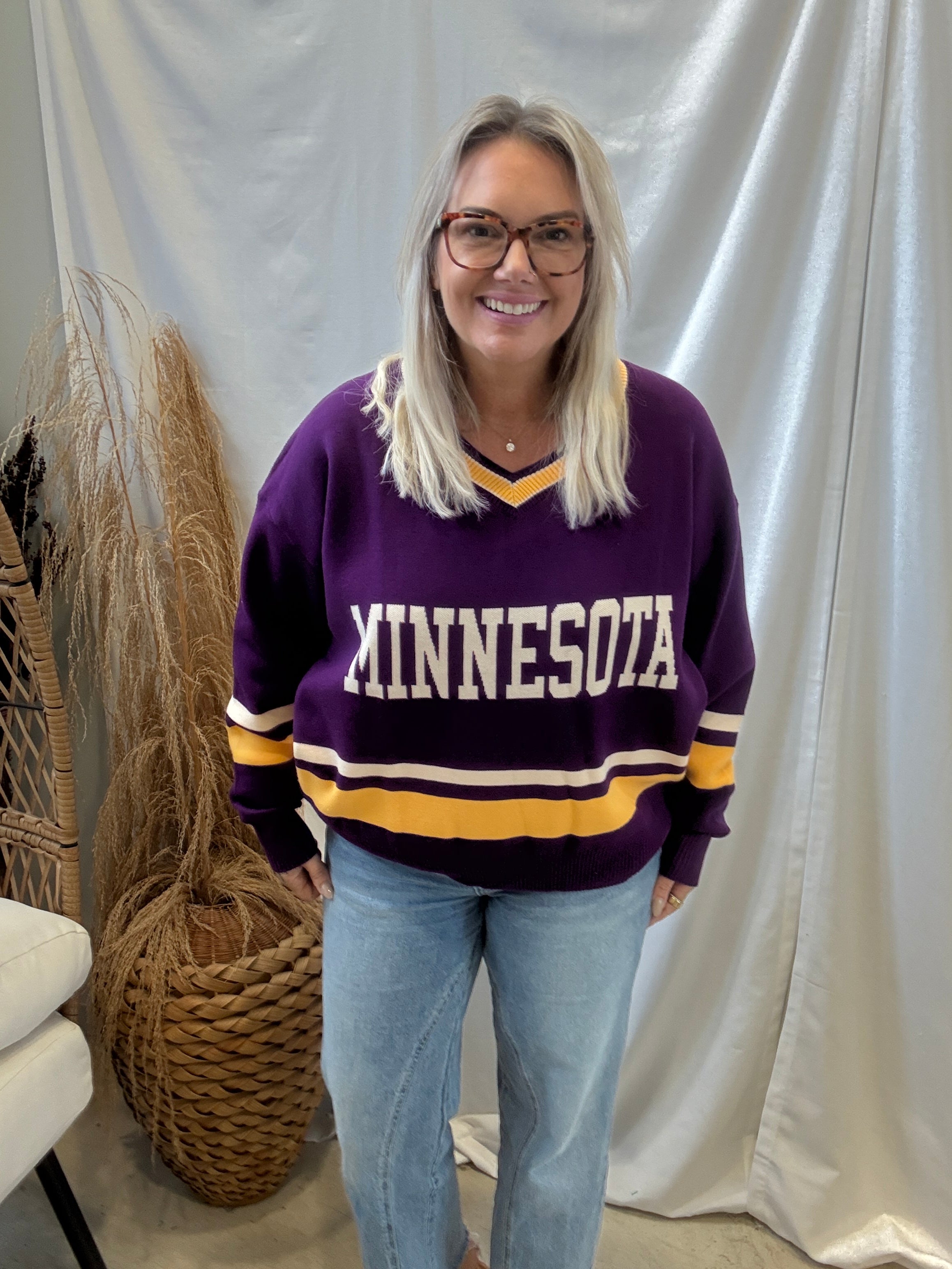 Minnesota Purple and Yellow Sweater-Sweaters-tea and Rose-The Silo Boutique, Women's Fashion Boutique Located in Warren and Grand Forks North Dakota