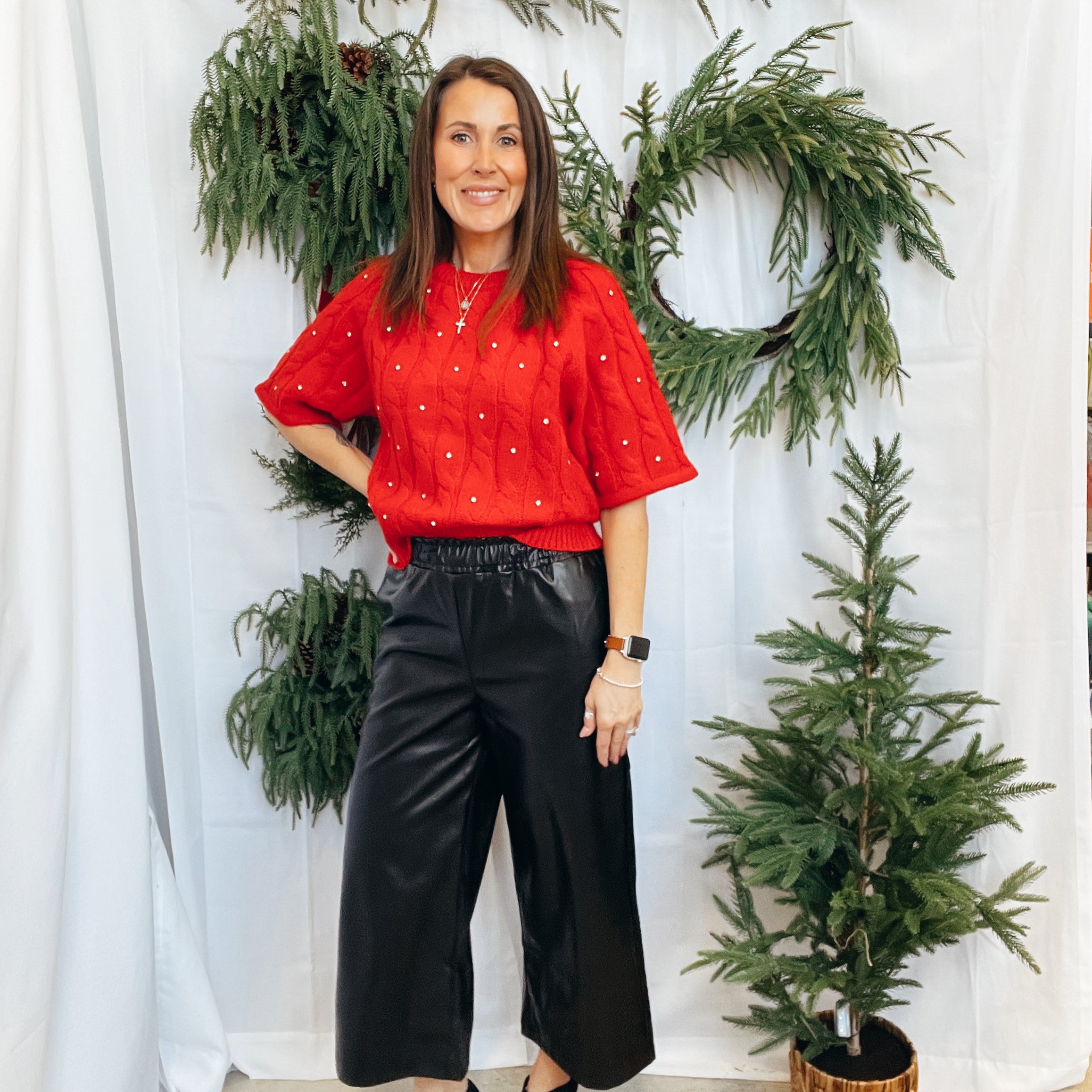 Red Sparkle and Pearl Sweater-Sweaters-entro-The Silo Boutique, Women's Fashion Boutique Located in Warren and Grand Forks North Dakota