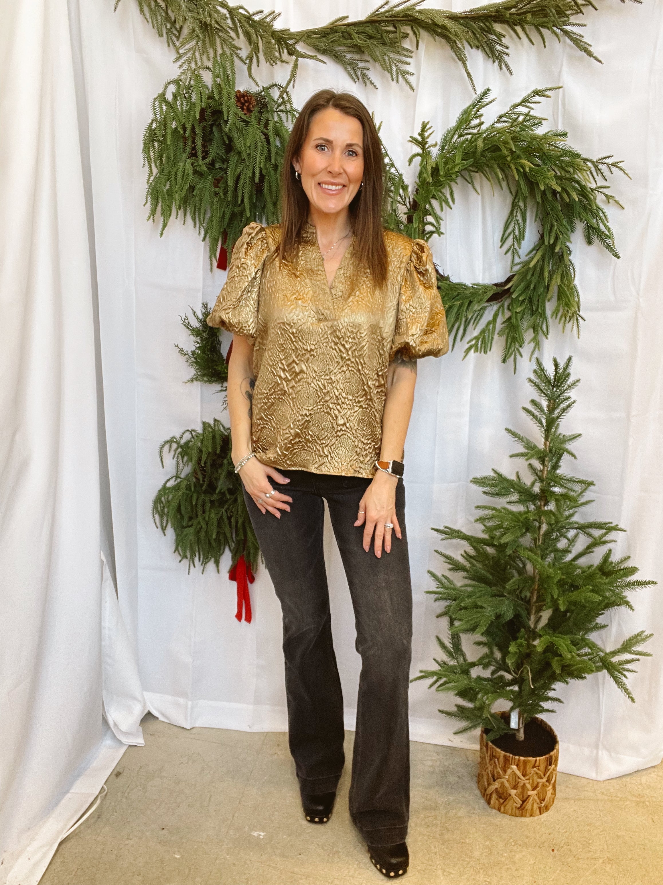 Glam Gold V Neck Puff Top-Short Sleeve Tops-glam-The Silo Boutique, Women's Fashion Boutique Located in Warren and Grand Forks North Dakota