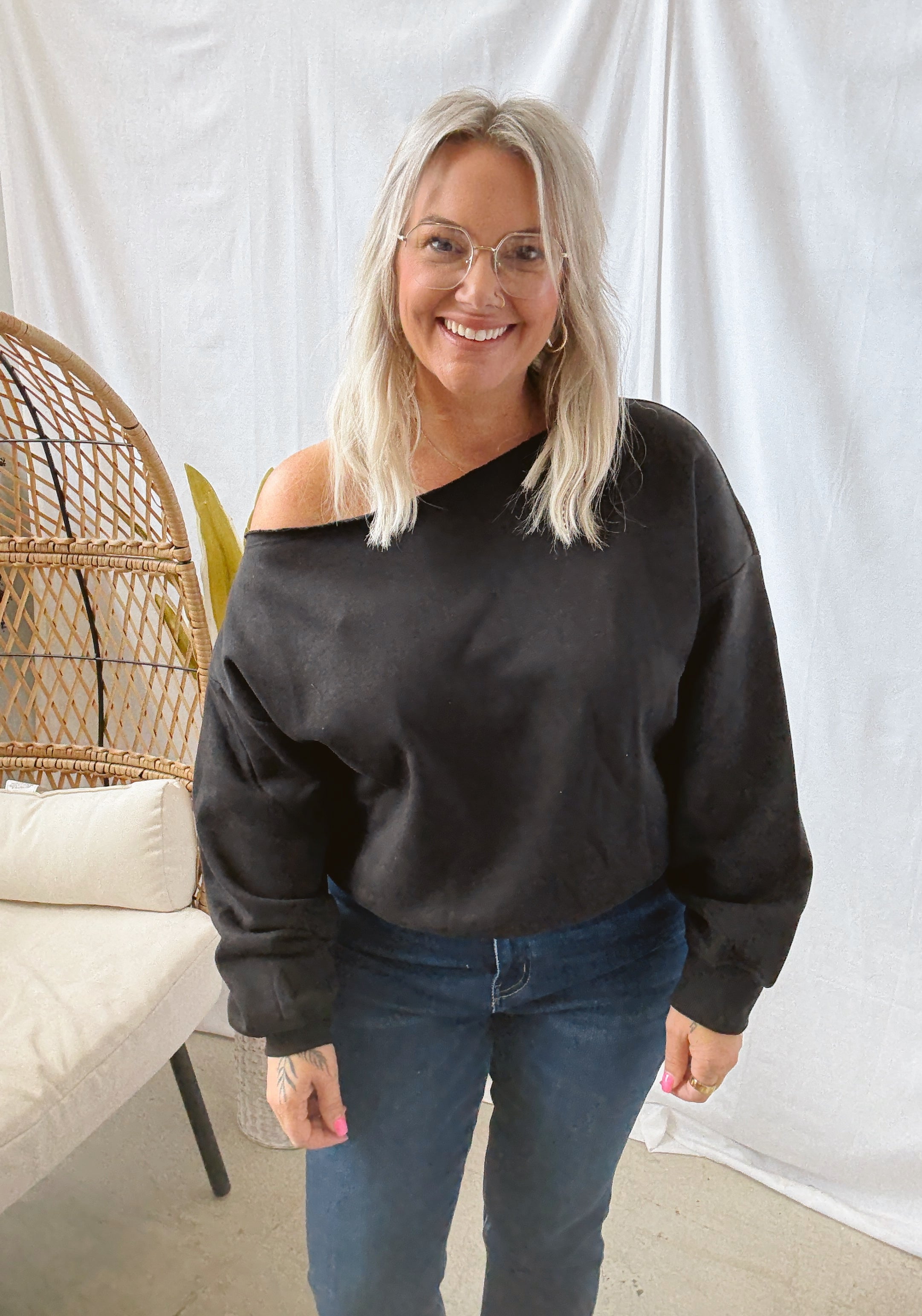 Black Off The Shoulder Sweatshirt-Tank Tops-rae mode-The Silo Boutique, Women's Fashion Boutique Located in Warren and Grand Forks North Dakota