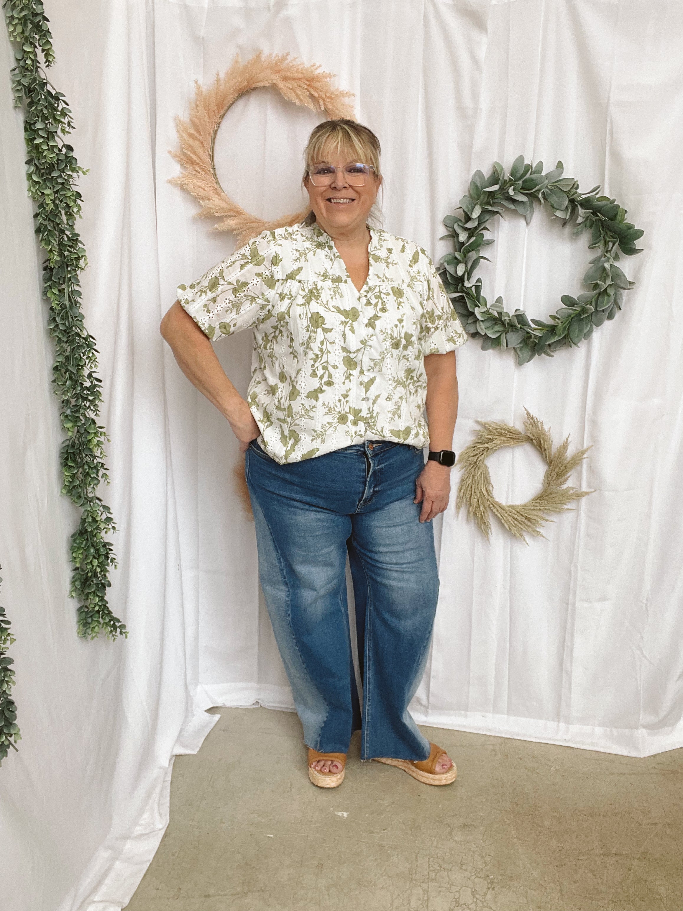 Jackie Floral Eyelet Top-Short Sleeve Tops-ENTRO-The Silo Boutique, Women's Fashion Boutique Located in Warren and Grand Forks North Dakota
