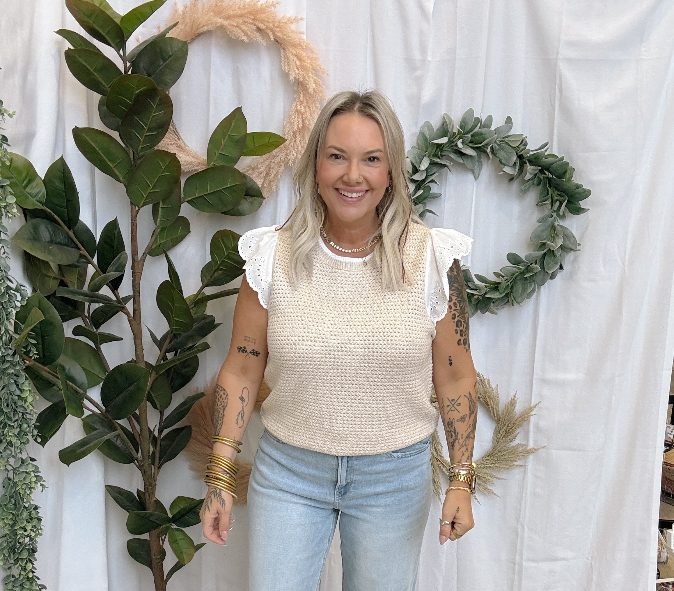 Natural Eyelet Sweater Top-Short Sleeve Tops-staccato-The Silo Boutique, Women's Fashion Boutique Located in Warren and Grand Forks North Dakota