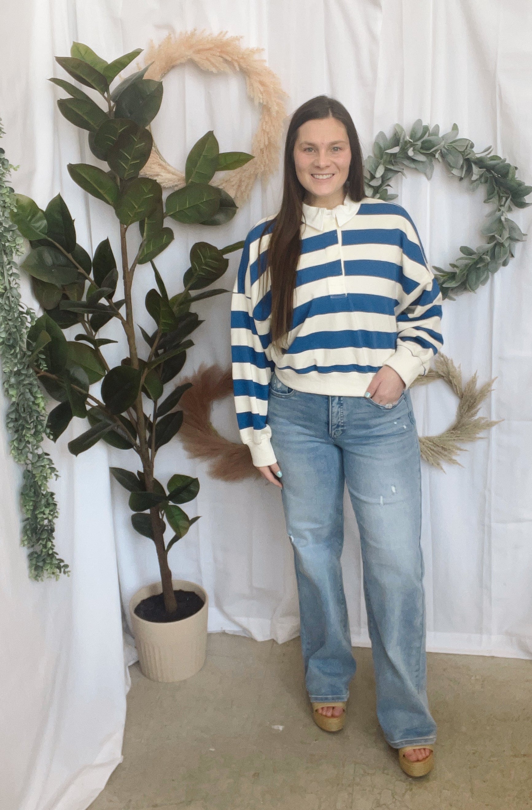 Blue and Cream Polo Top-Long Sleeve Tops-by together-The Silo Boutique, Women's Fashion Boutique Located in Warren and Grand Forks North Dakota