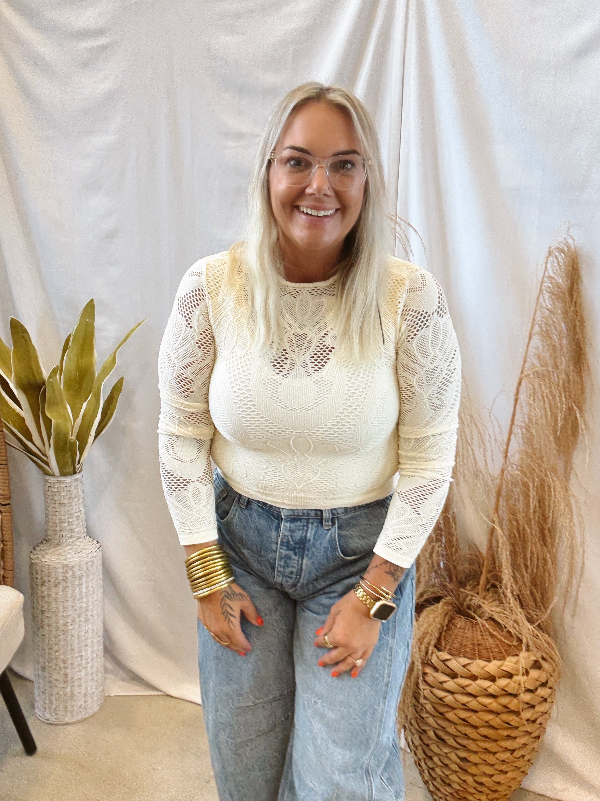 Knit Seamless Jacquard Top-Cream-Long Sleeve Tops-by together-The Silo Boutique, Women's Fashion Boutique Located in Warren and Grand Forks North Dakota
