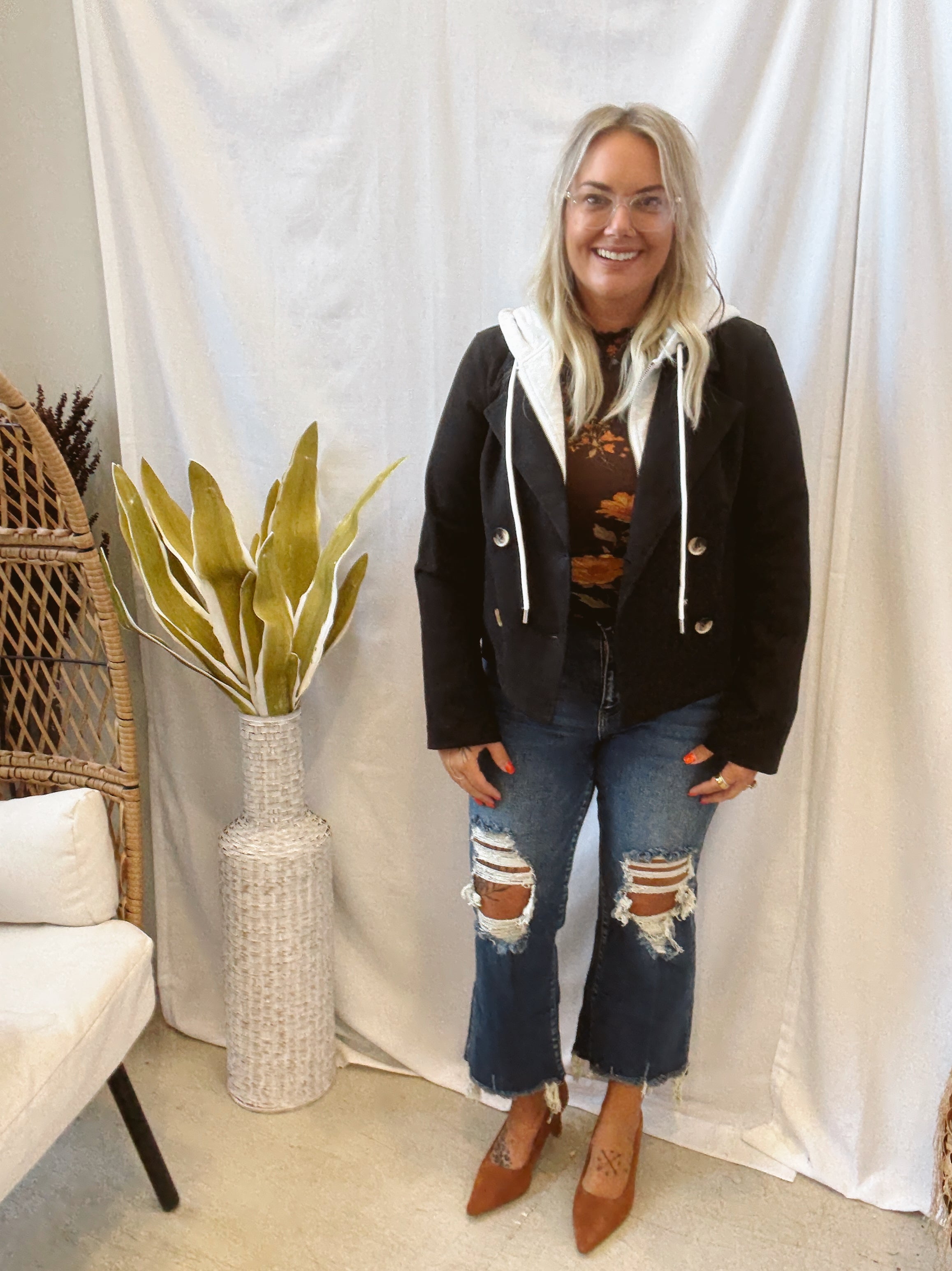 Twofer Hooded Jacket-Black-Coats & Jackets-hem and thread-The Silo Boutique, Women's Fashion Boutique Located in Warren and Grand Forks North Dakota