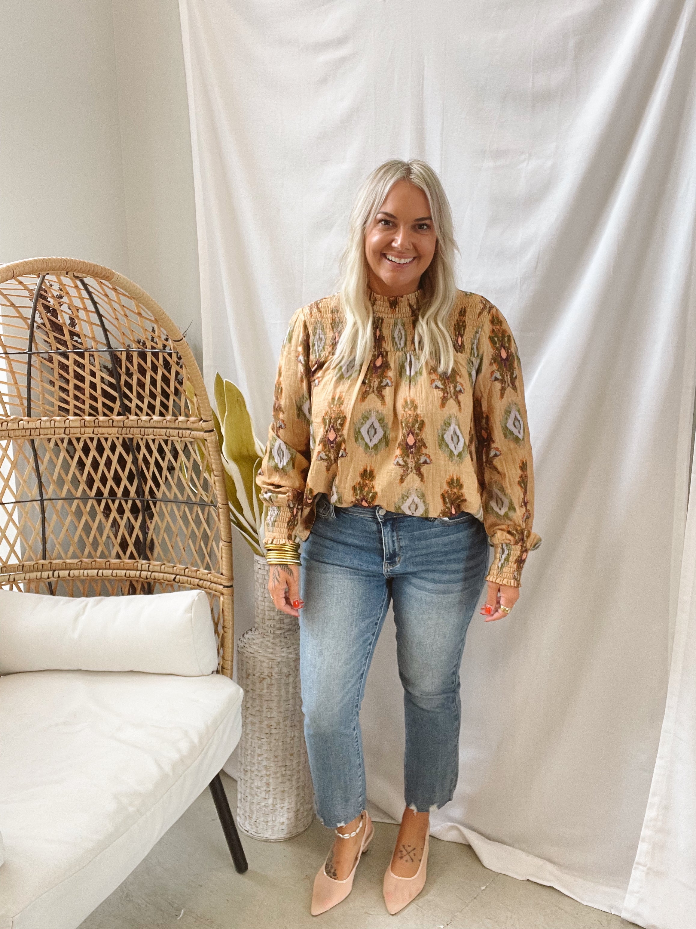 Latte Smock Yoke Top-Long Sleeve Tops-mystree-The Silo Boutique, Women's Fashion Boutique Located in Warren and Grand Forks North Dakota