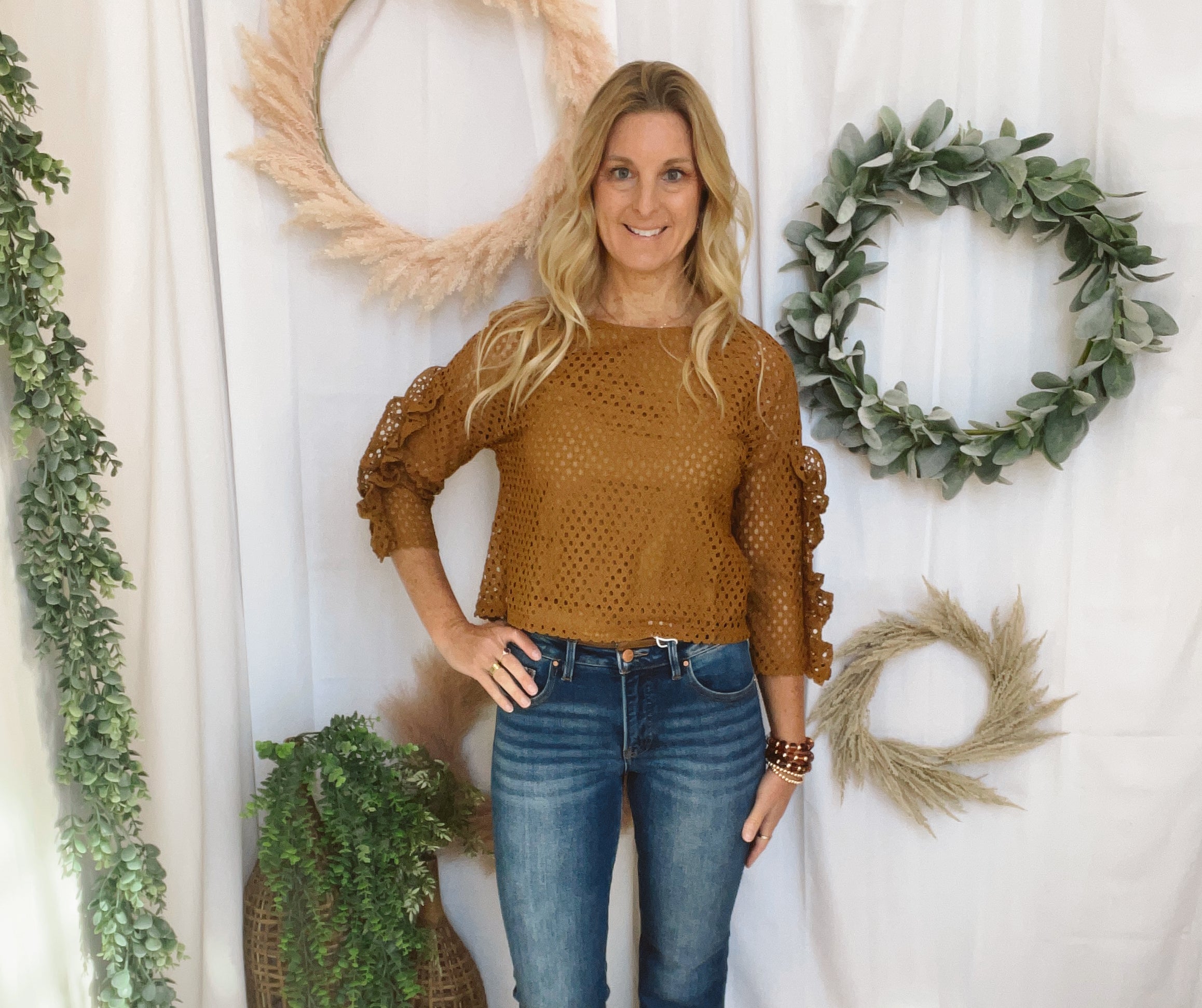 Callie Lace and Frill Top-Camel-Short Sleeve Tops-listicle-The Silo Boutique, Women's Fashion Boutique Located in Warren and Grand Forks North Dakota