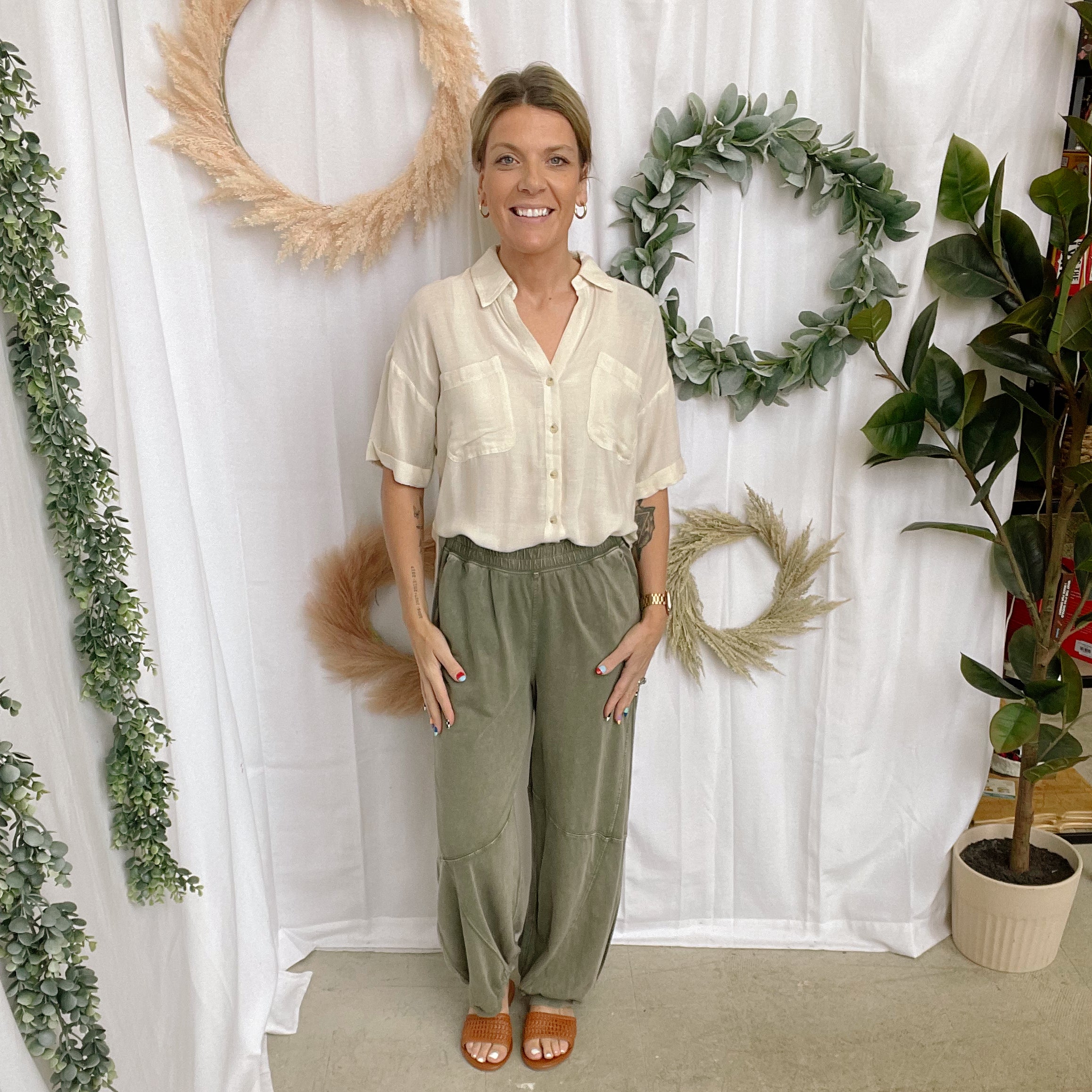 Natural Button Up Top-Short Sleeve Tops-hem and thread-The Silo Boutique, Women's Fashion Boutique Located in Warren and Grand Forks North Dakota