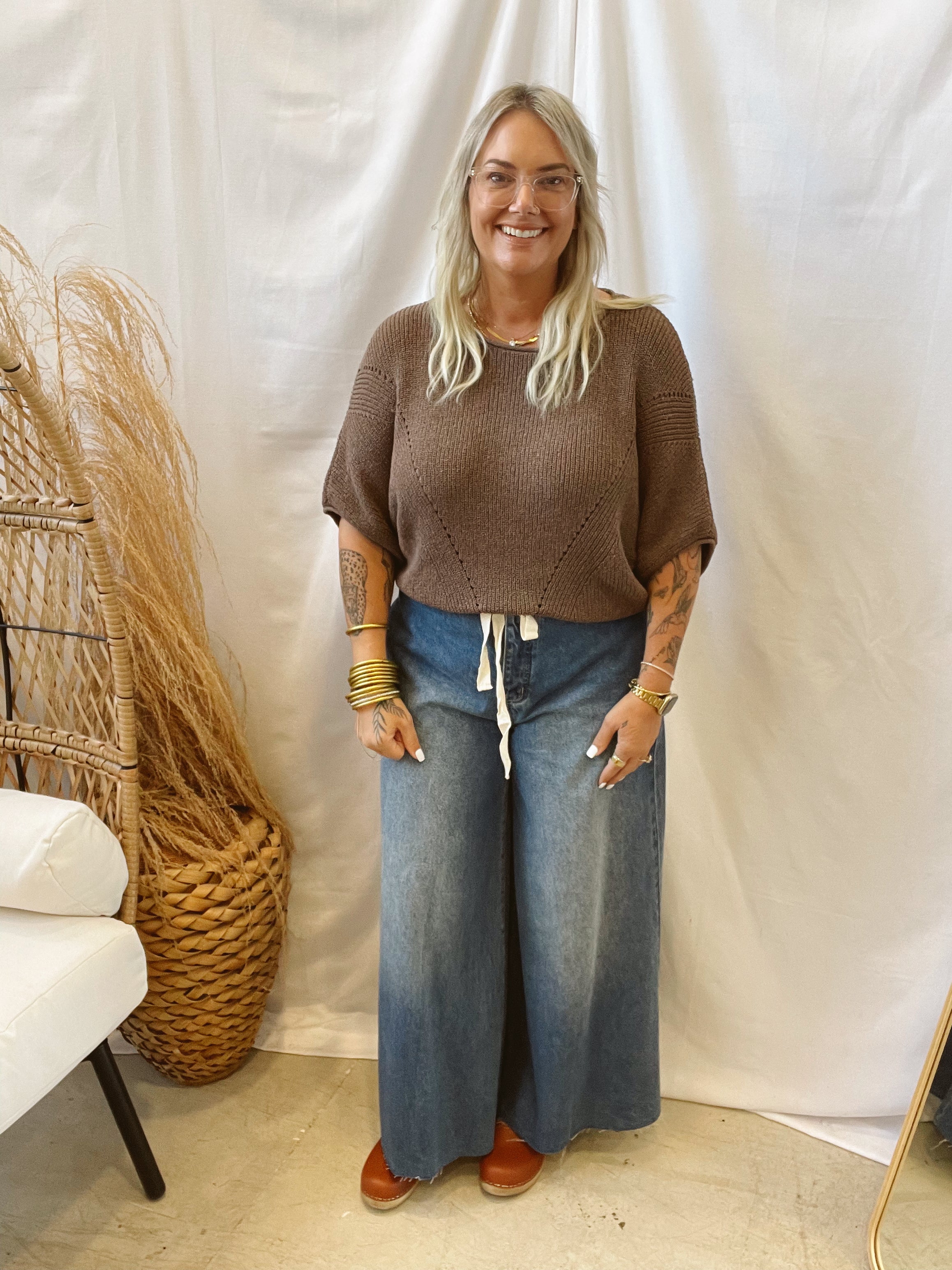 Pointelle Short Sleeve Sweater-Espresso-Sweaters-promesa-The Silo Boutique, Women's Fashion Boutique Located in Warren and Grand Forks North Dakota