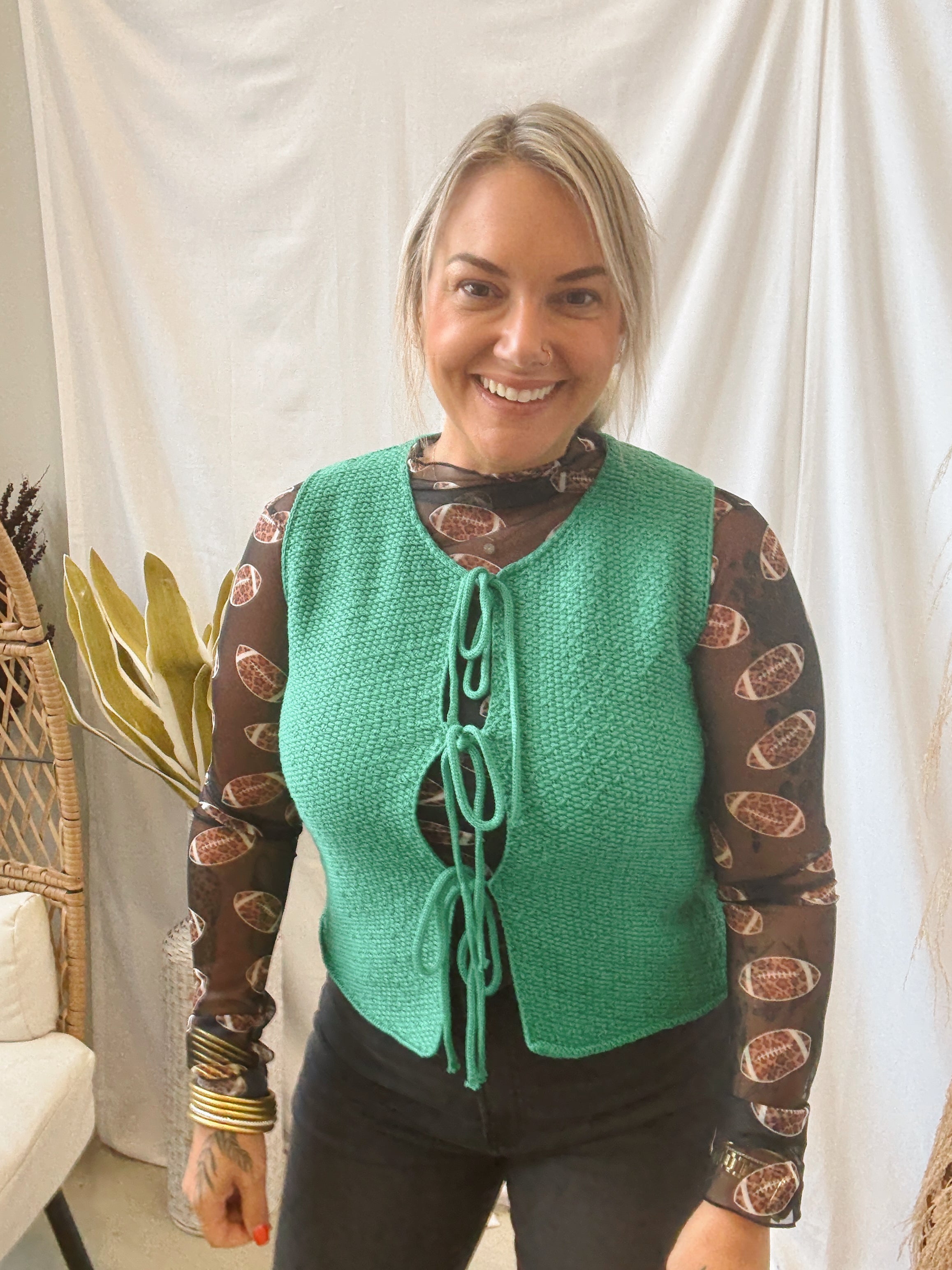 Kelly Green Tie Front Sweater Tank-Vests-Zenana-The Silo Boutique, Women's Fashion Boutique Located in Warren and Grand Forks North Dakota