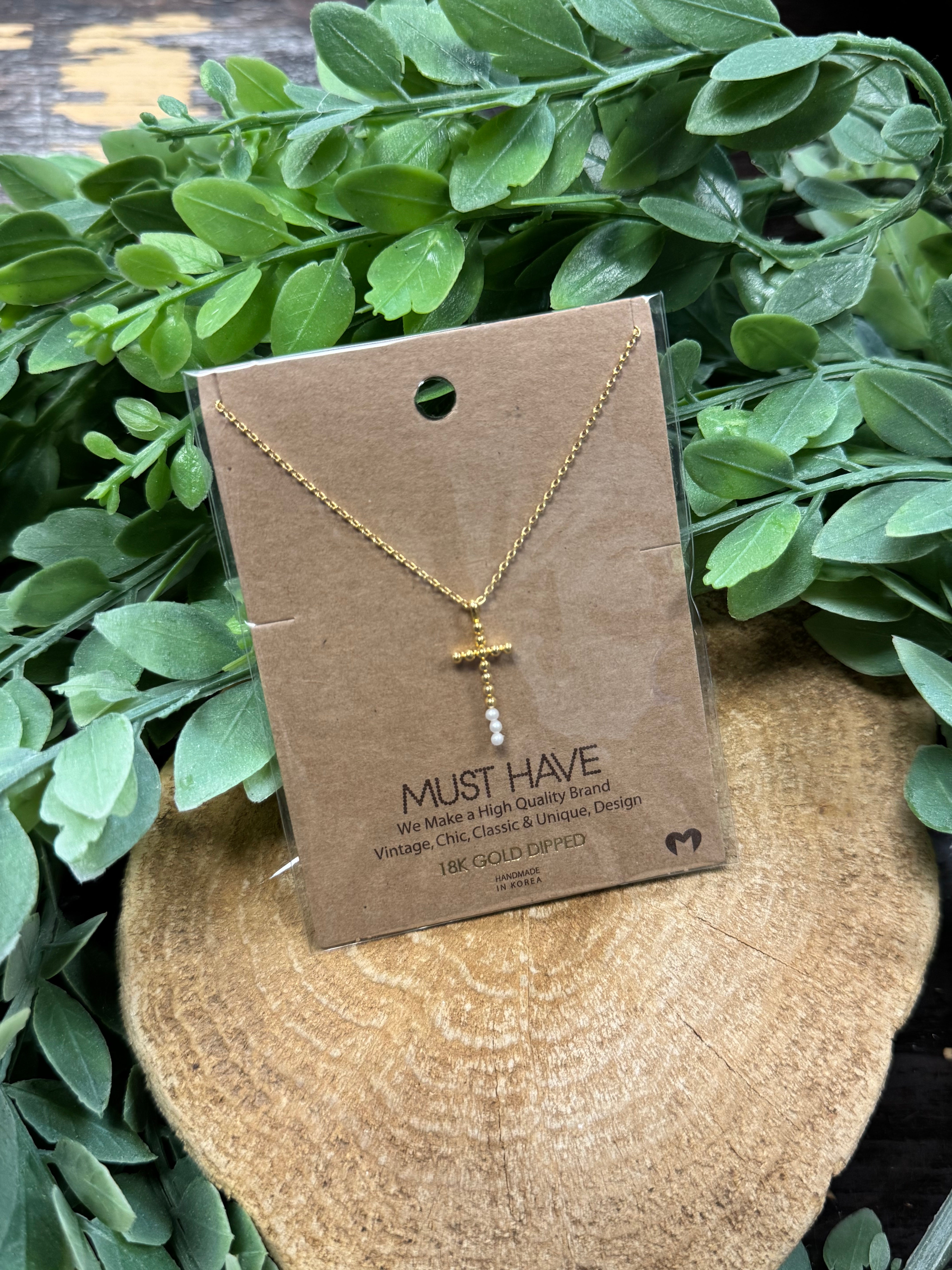 Beaded Gold Cross Necklace-Necklaces-fame-The Silo Boutique, Women's Fashion Boutique Located in Warren and Grand Forks North Dakota