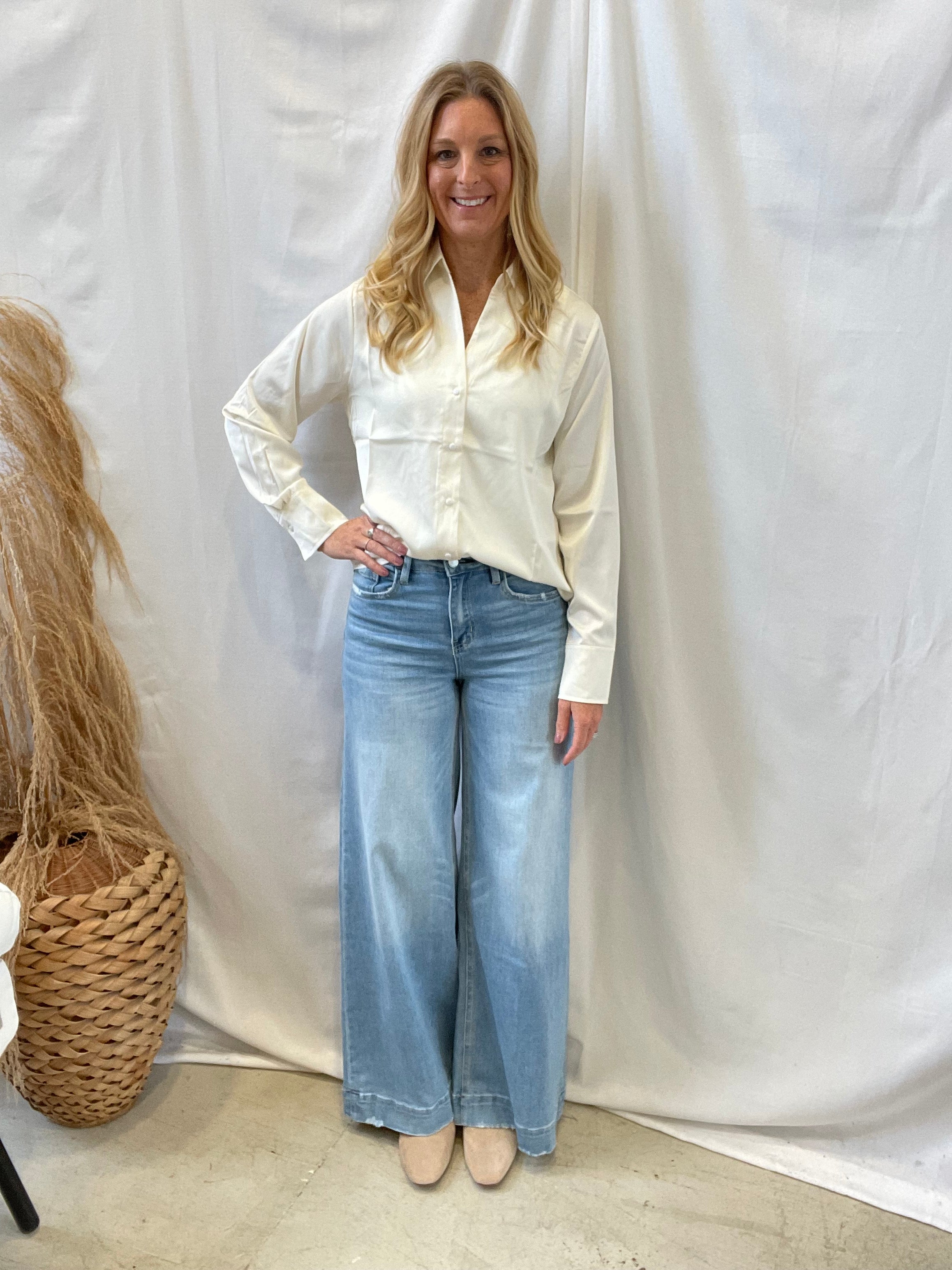 Whip Cream Silk Button Up Top-Long Sleeve Tops-hyfve-The Silo Boutique, Women's Fashion Boutique Located in Warren and Grand Forks North Dakota