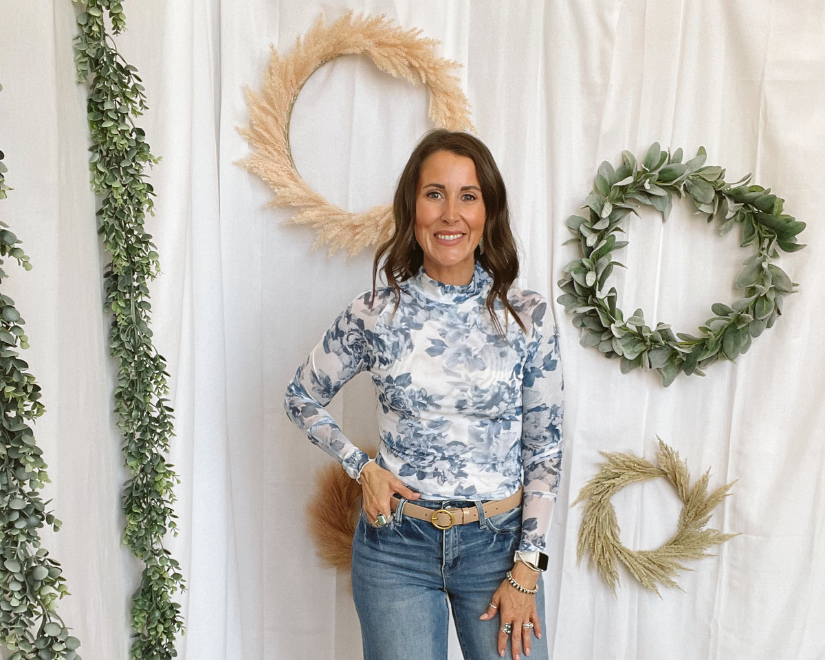 Blue Floral Mesh Top-Graphic Tees-panache-The Silo Boutique, Women's Fashion Boutique Located in Warren and Grand Forks North Dakota