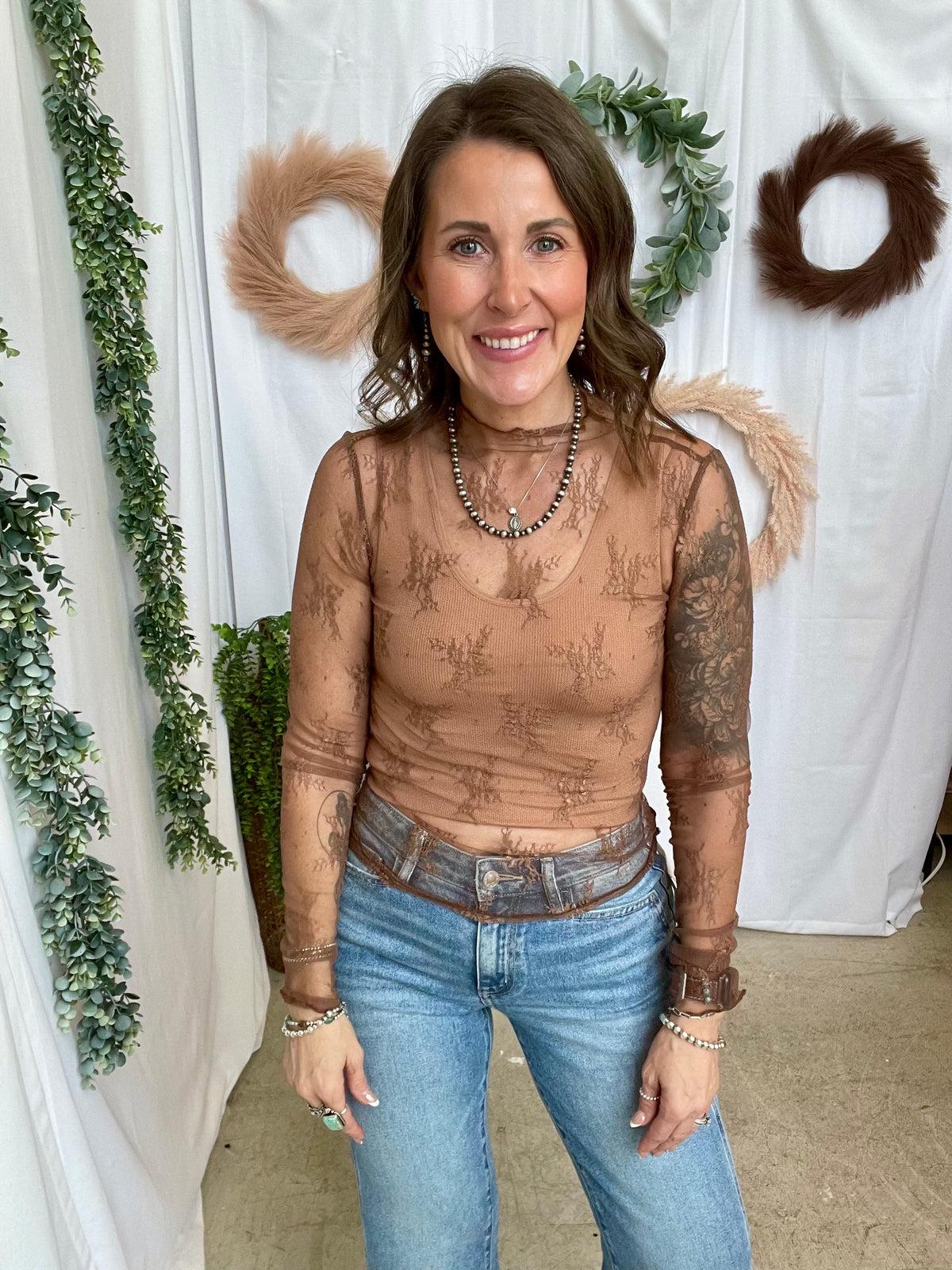 Lace Mock Neck Top-Mocha-Long Sleeve Tops-listicle-The Silo Boutique, Women's Fashion Boutique Located in Warren and Grand Forks North Dakota