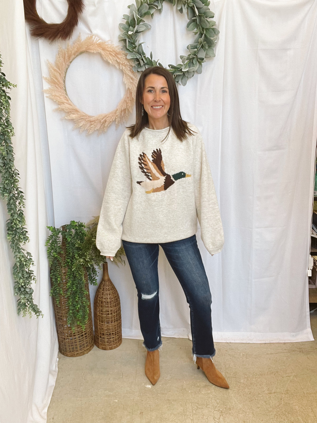 Mallard In Flight Sweater-Oatmeal-Sweaters-very j-The Silo Boutique, Women's Fashion Boutique Located in Warren and Grand Forks North Dakota