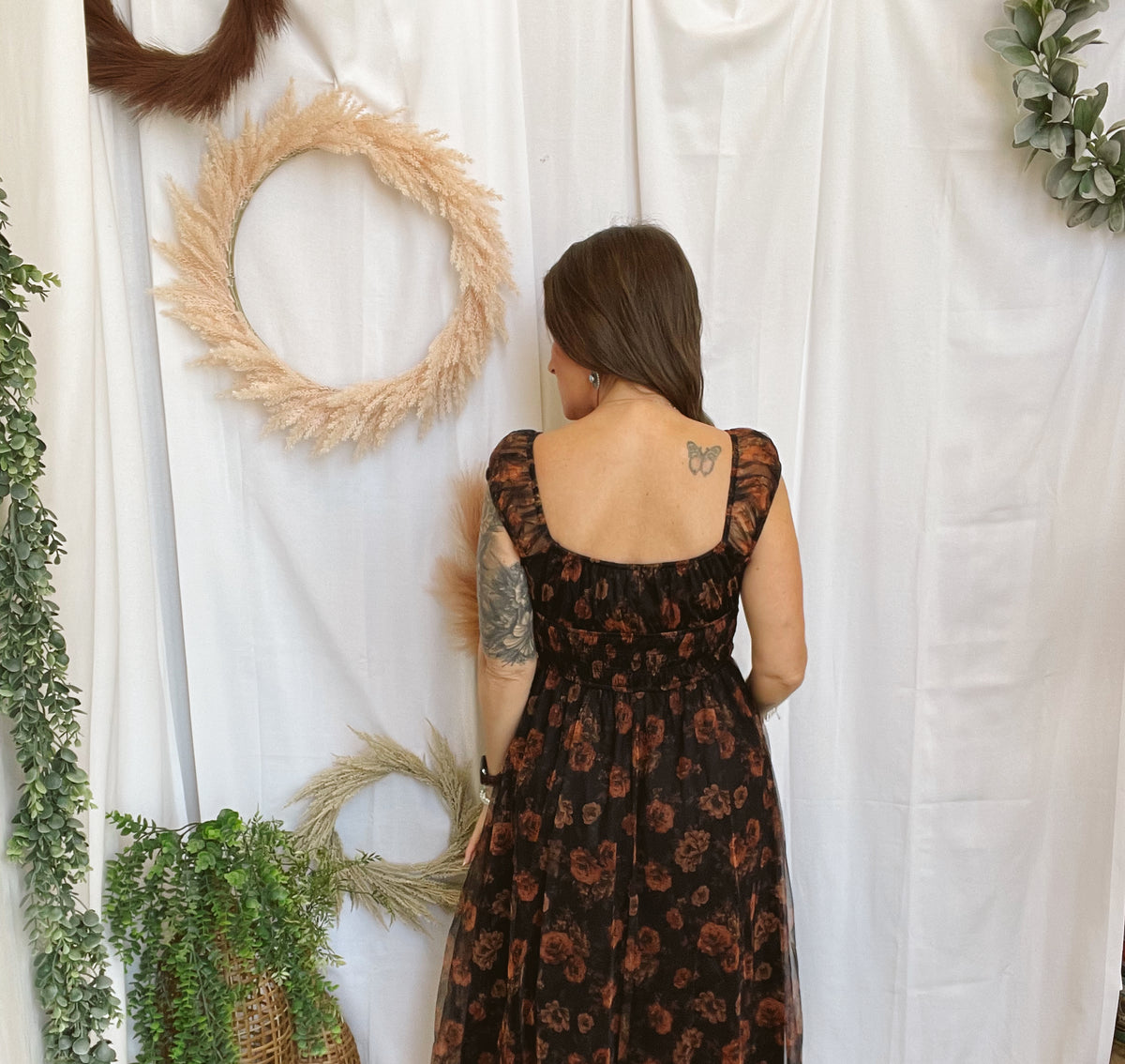 Becca Black Floral Shirred Dress-Dresses-blu pepper-The Silo Boutique, Women's Fashion Boutique Located in Warren and Grand Forks North Dakota