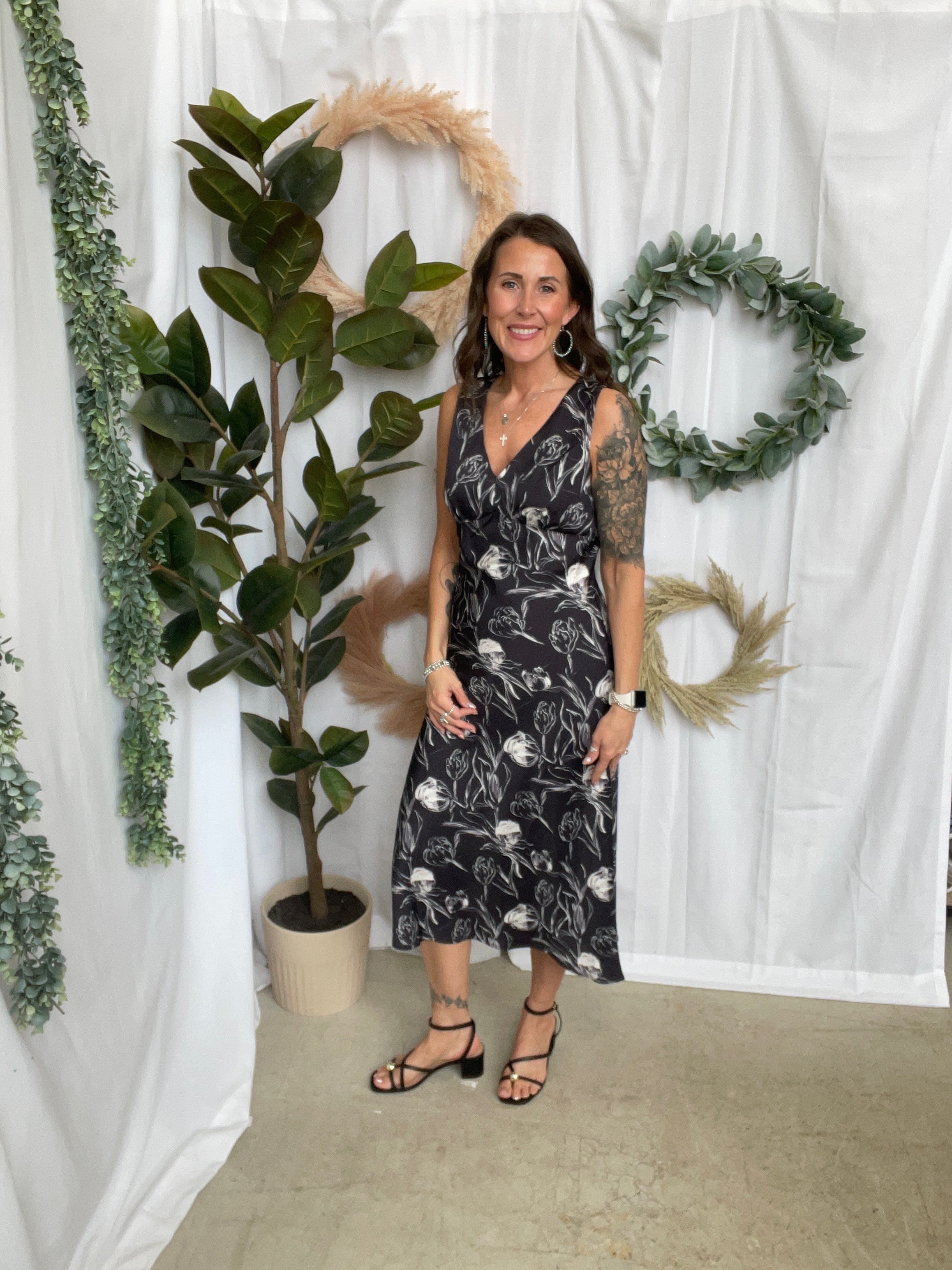 Black Floral Satin Dress-Dresses-fun-The Silo Boutique, Women's Fashion Boutique Located in Warren and Grand Forks North Dakota