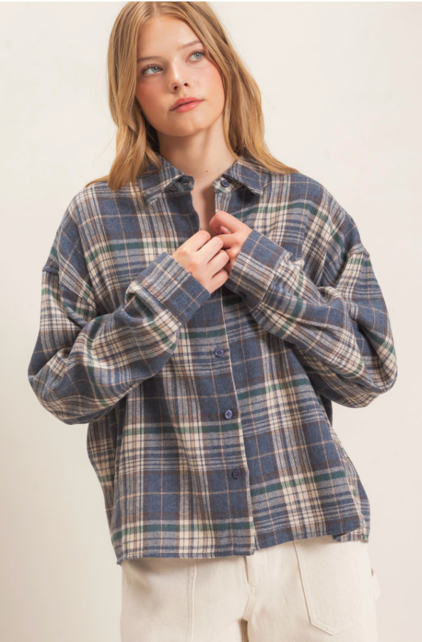 Bobbi Plaid Flannel-Blue-Long Sleeve Tops-The Silo Boutique-The Silo Boutique, Women's Fashion Boutique Located in Warren and Grand Forks North Dakota