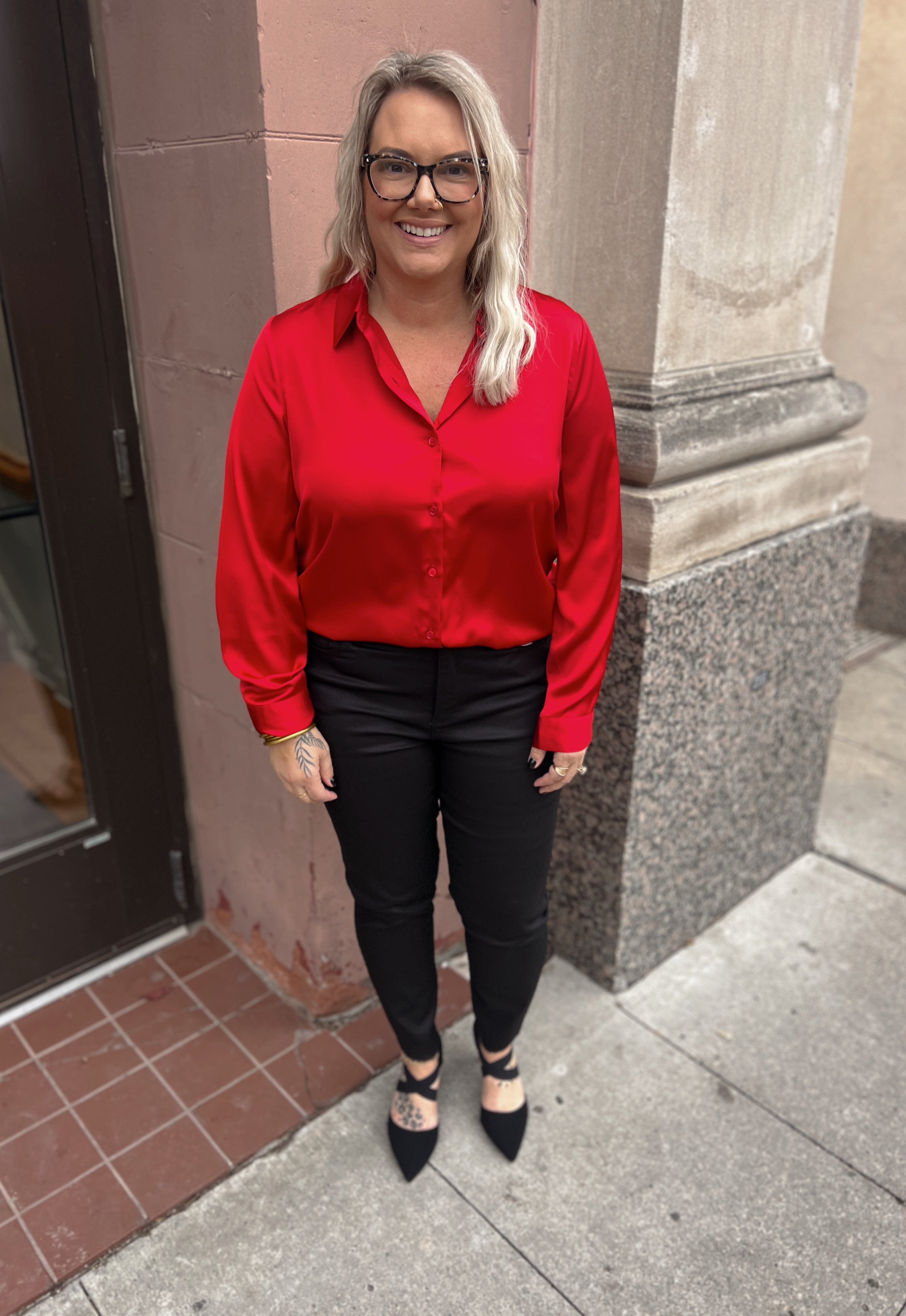 Ruby Red Satin Button Down Top-Final Sale-Long Sleeve Tops-skies are blue-The Silo Boutique, Women's Fashion Boutique Located in Warren and Grand Forks North Dakota