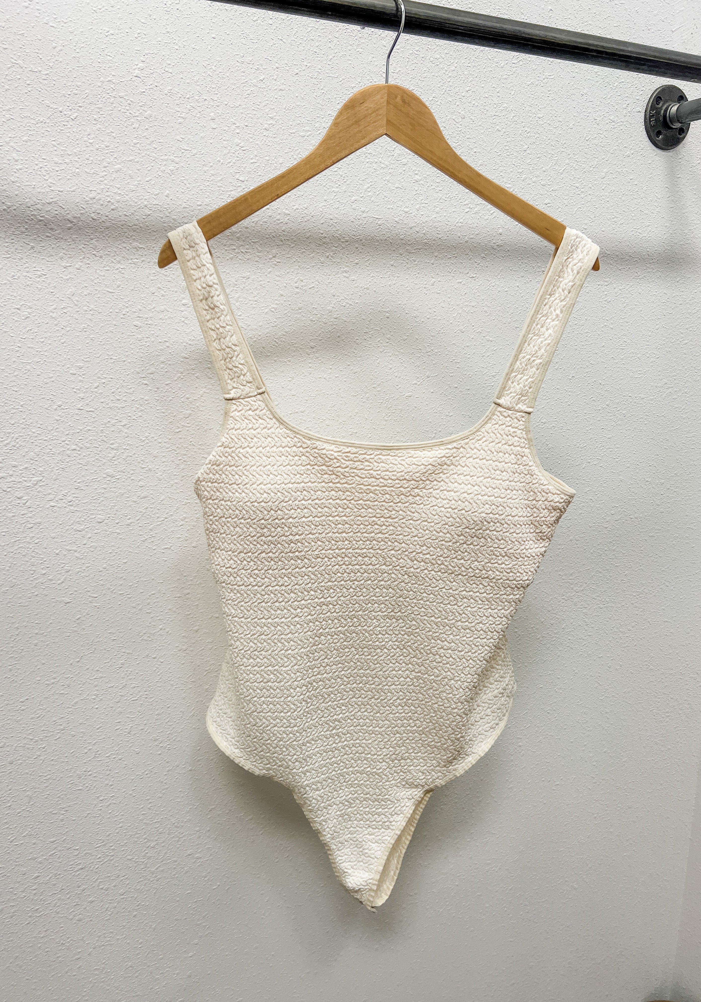 Cream Stretchy Textured Bodysuit-Bodysuits-heyson-The Silo Boutique, Women's Fashion Boutique Located in Warren and Grand Forks North Dakota