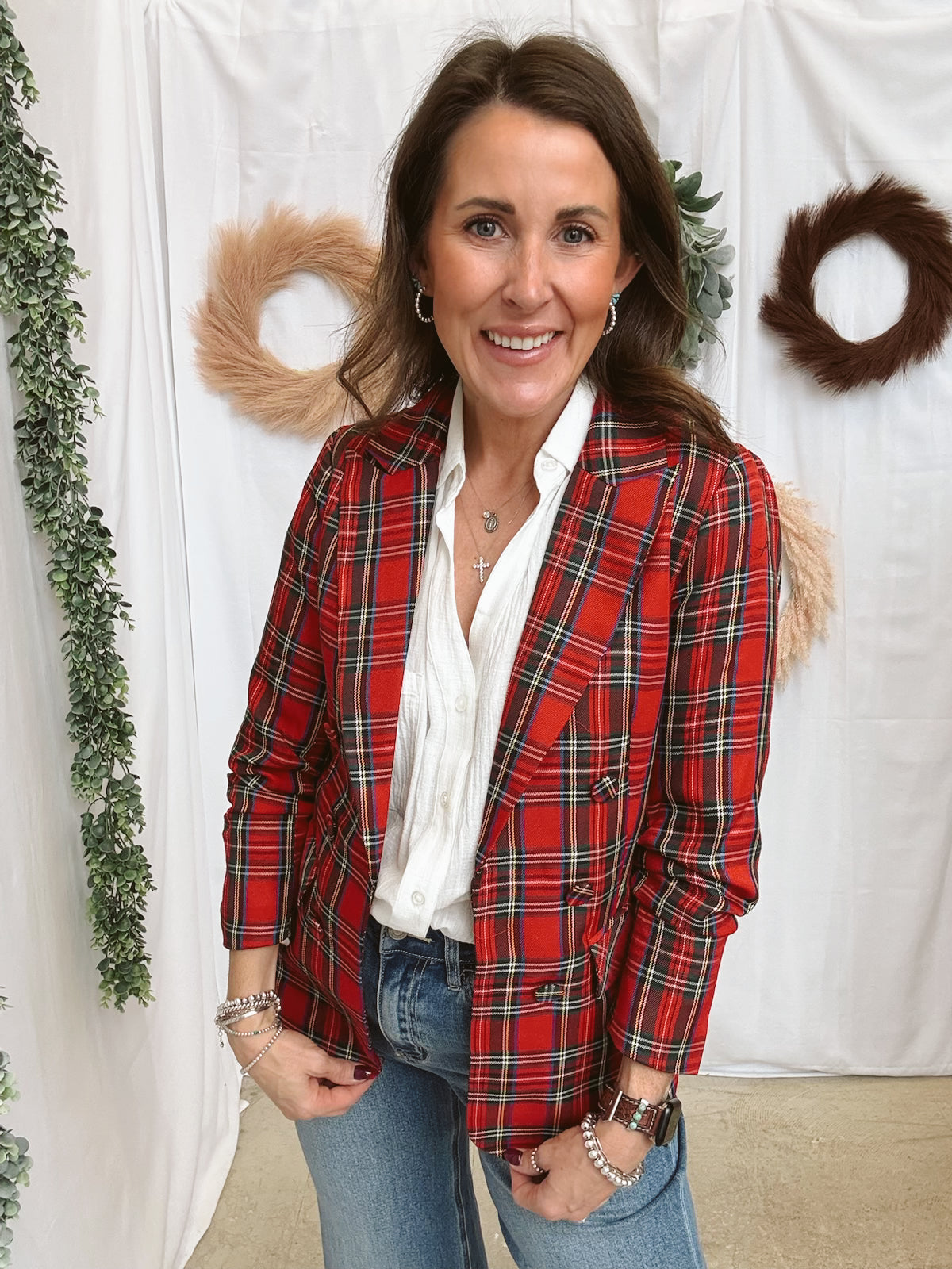 Tartan Plaid Blazer-Red-Blazers-skies are blue-The Silo Boutique, Women's Fashion Boutique Located in Warren and Grand Forks North Dakota
