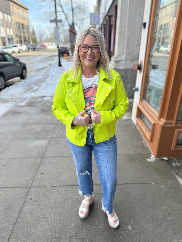 Lime Green Moto Jacket-Coats & Jackets-love tree-The Silo Boutique, Women's Fashion Boutique Located in Warren and Grand Forks North Dakota