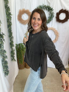 Libby Raw Edge Henley Top-Black-Long Sleeve Tops-hyfve-The Silo Boutique, Women's Fashion Boutique Located in Warren and Grand Forks North Dakota