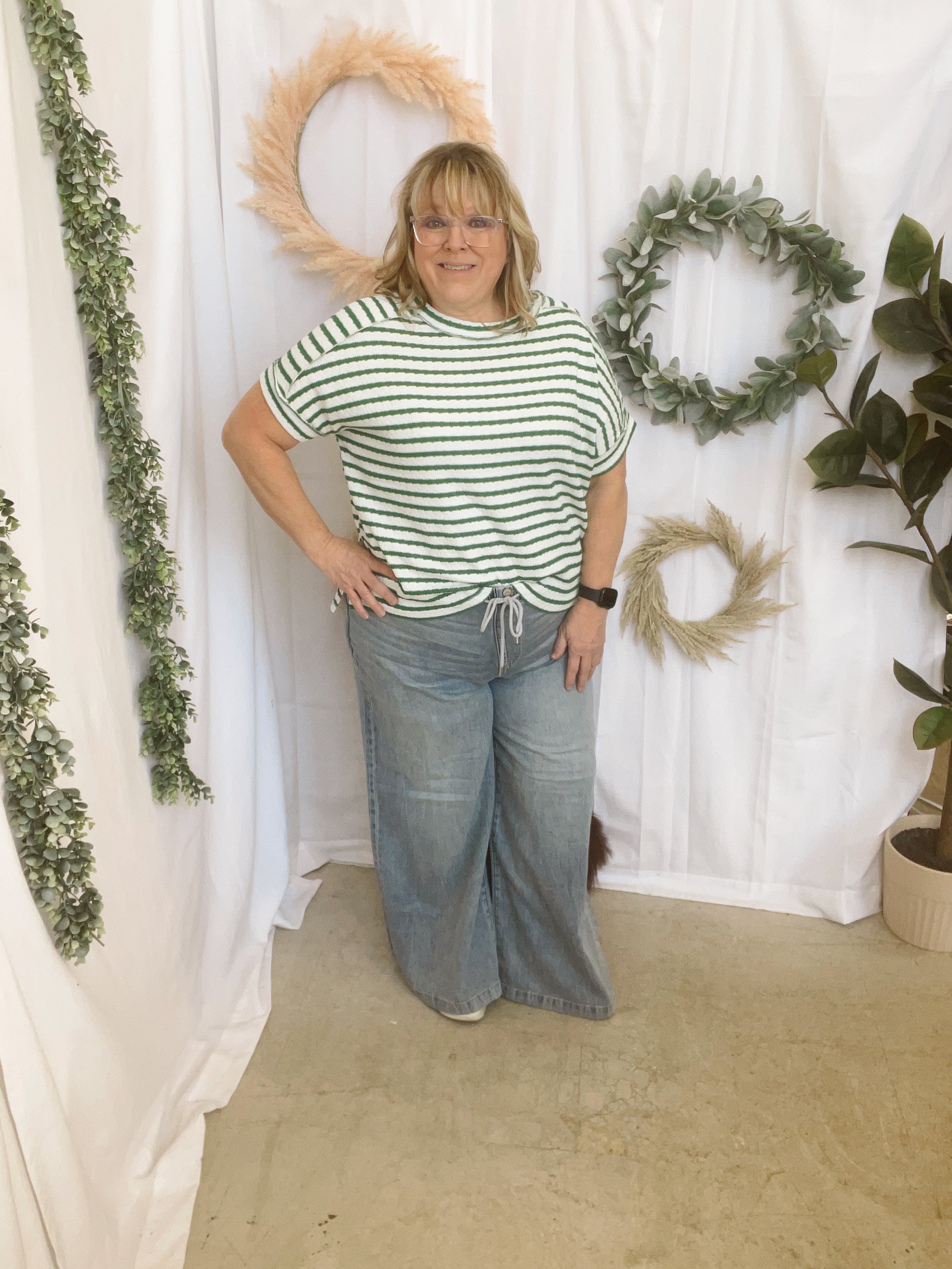 Robi Striped Neck -Green-Short Sleeve Tops-Zenana-The Silo Boutique, Women's Fashion Boutique Located in Warren and Grand Forks North Dakota
