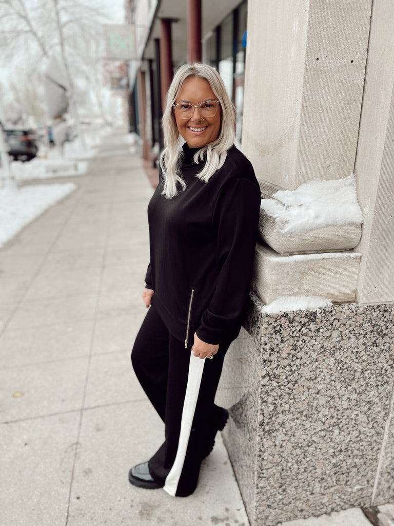 Before You Scuba Black Side Stripe Wide Leg Pants-Long Sleeves-before you-The Silo Boutique, Women's Fashion Boutique Located in Warren and Grand Forks North Dakota