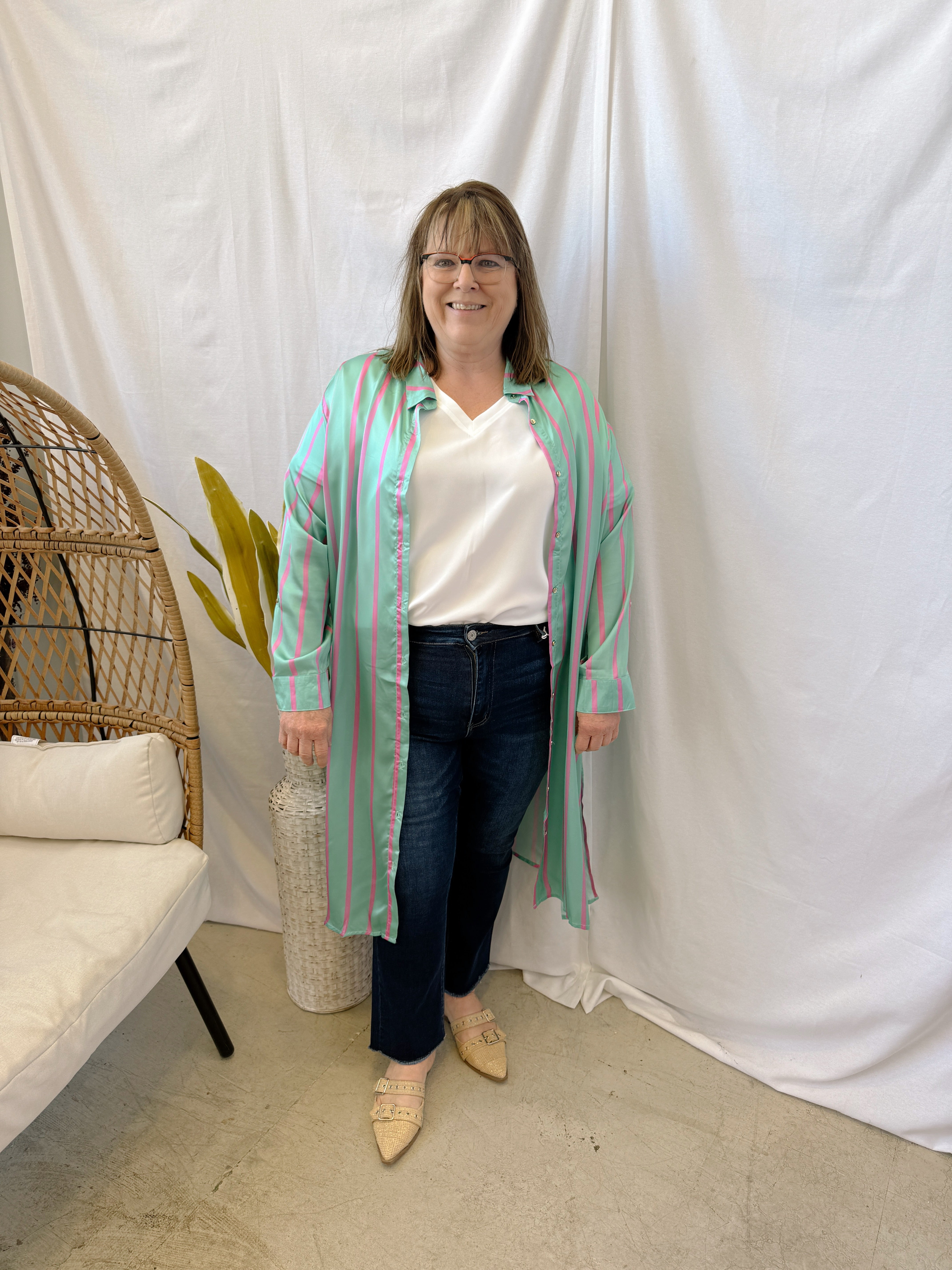Striped Satin Shirt Dress-Emerald-Dresses-Umgee-The Silo Boutique, Women's Fashion Boutique Located in Warren and Grand Forks North Dakota