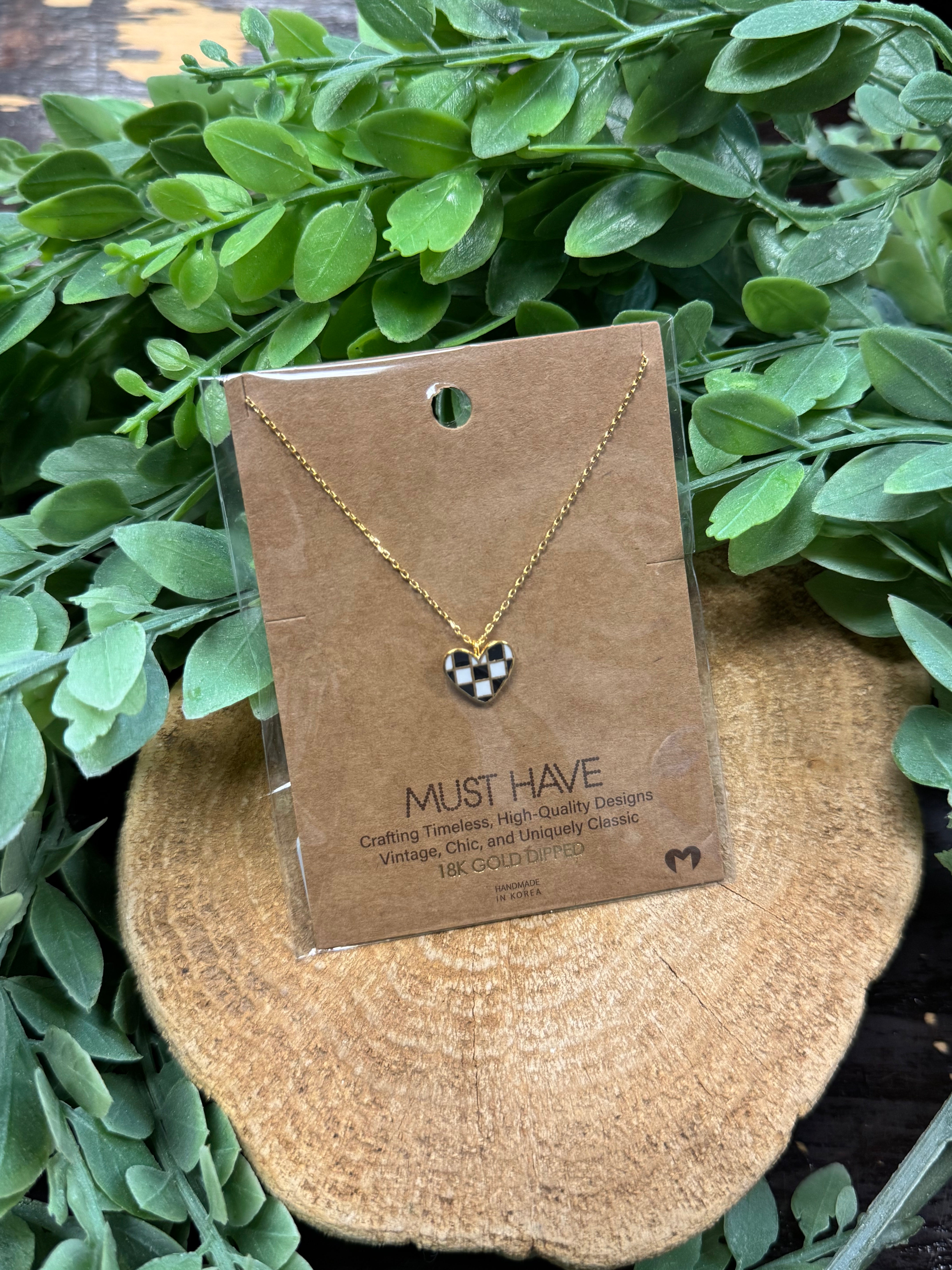 Checker Heart Necklace-Necklaces-fame-The Silo Boutique, Women's Fashion Boutique Located in Warren and Grand Forks North Dakota