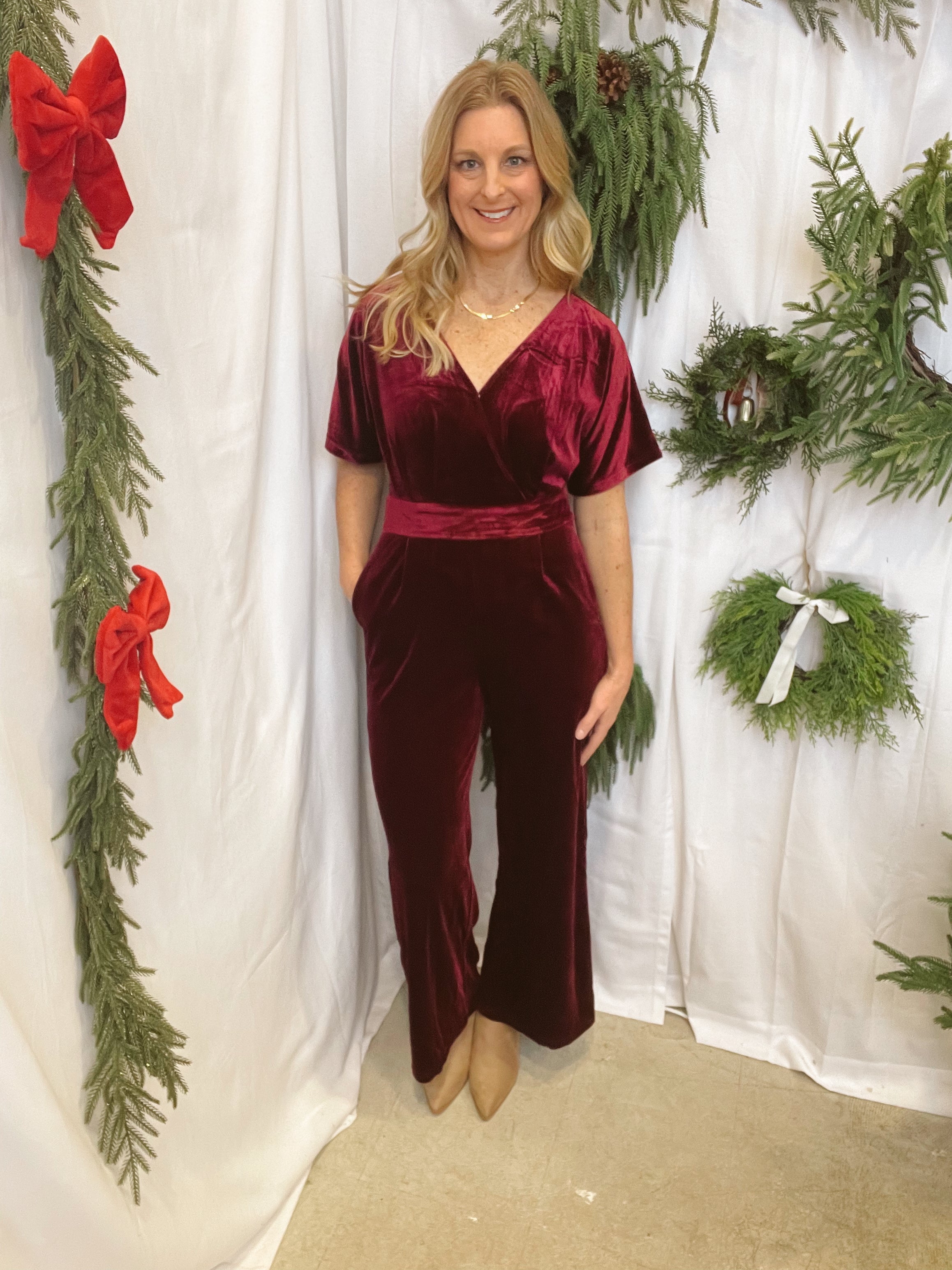 Burgundy Velvet Jumper-Jumpsuits &amp; Rompers-hem and thread-The Silo Boutique, Women&#39;s Fashion Boutique Located in Warren and Grand Forks North Dakota