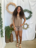 Mono B Pima V Neck Top-Taupe-Short Sleeve Tops-mono b-The Silo Boutique, Women's Fashion Boutique Located in Warren and Grand Forks North Dakota