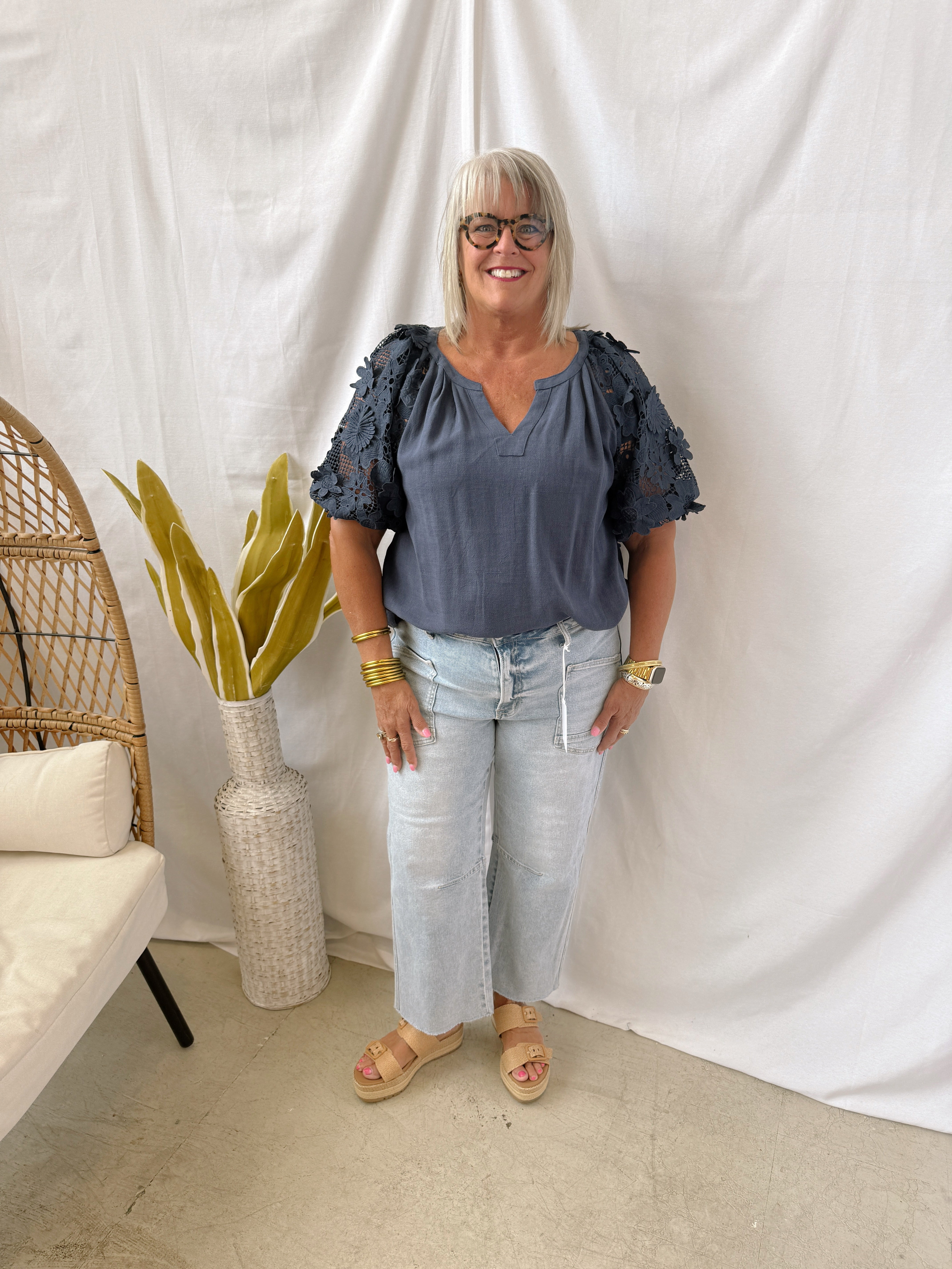 Linen and Lace Top-Navy-Final Sale-Short Sleeve Tops-Umgee-The Silo Boutique, Women's Fashion Boutique Located in Warren and Grand Forks North Dakota