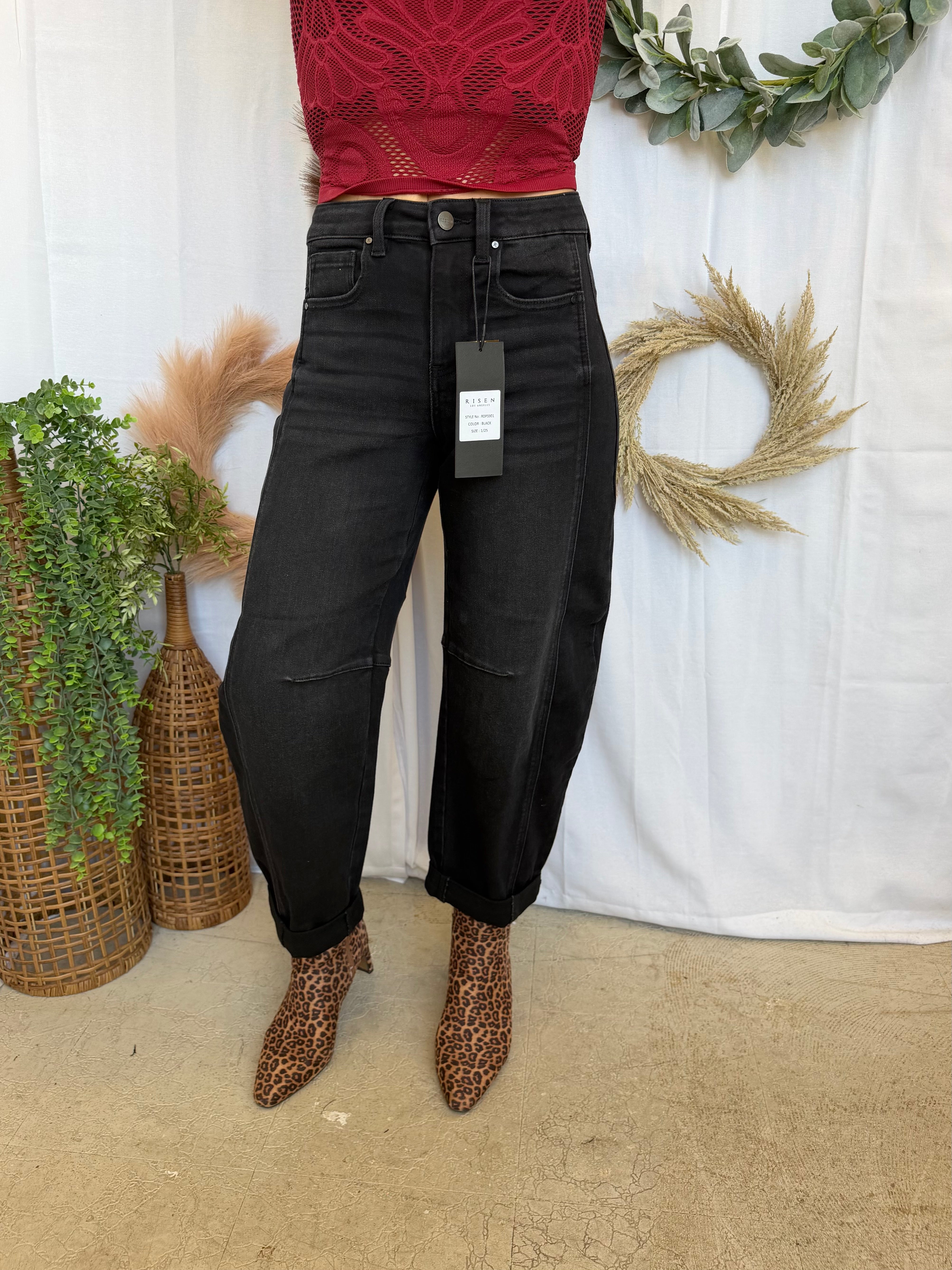 Risen Crop Barrel Cuffed Jeans-Black-Jeans-risen-The Silo Boutique, Women's Fashion Boutique Located in Warren and Grand Forks North Dakota