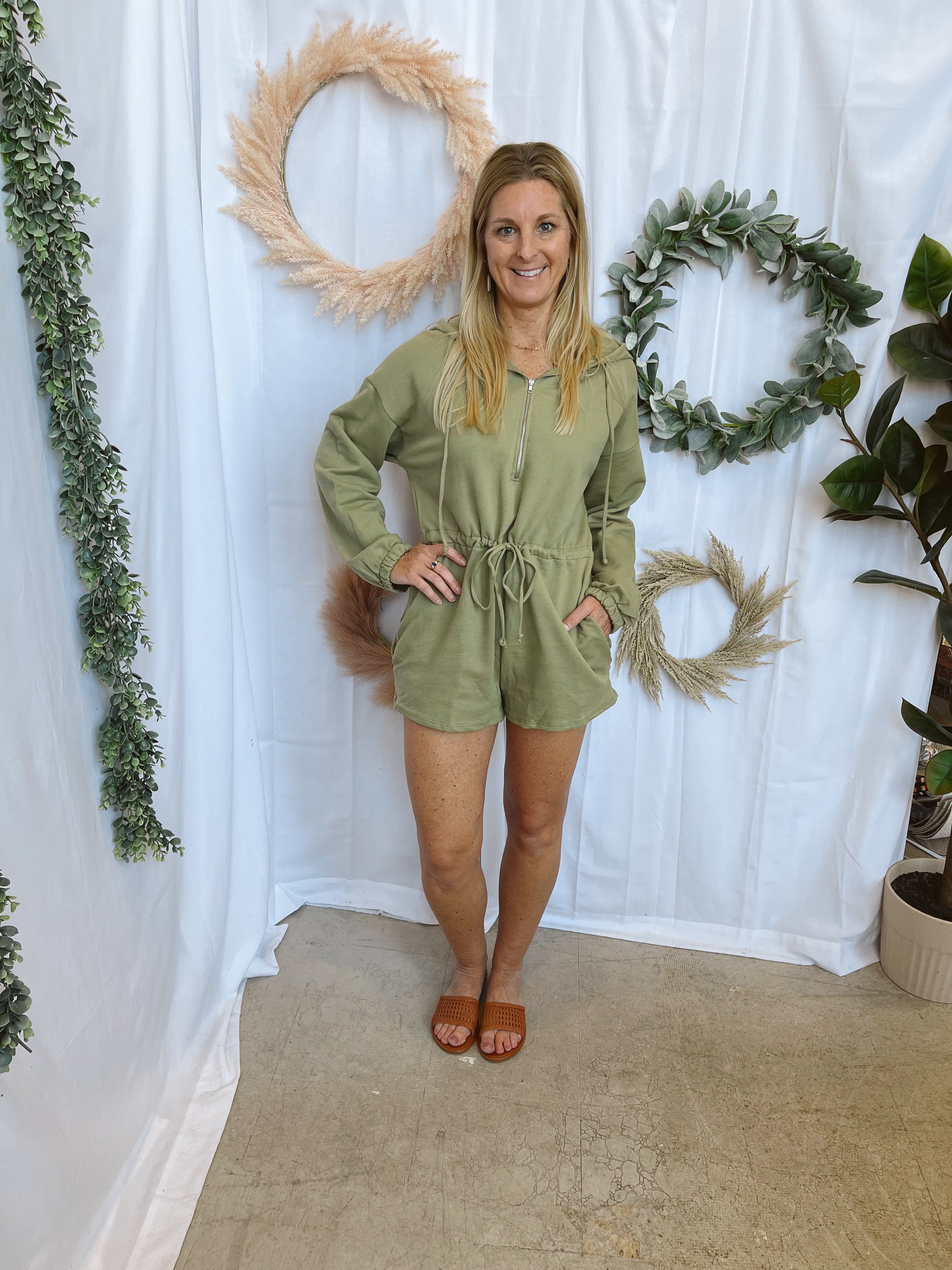 Olive Tie Waist Romper-Jumpsuits & Rompers-bucketlist-The Silo Boutique, Women's Fashion Boutique Located in Warren and Grand Forks North Dakota