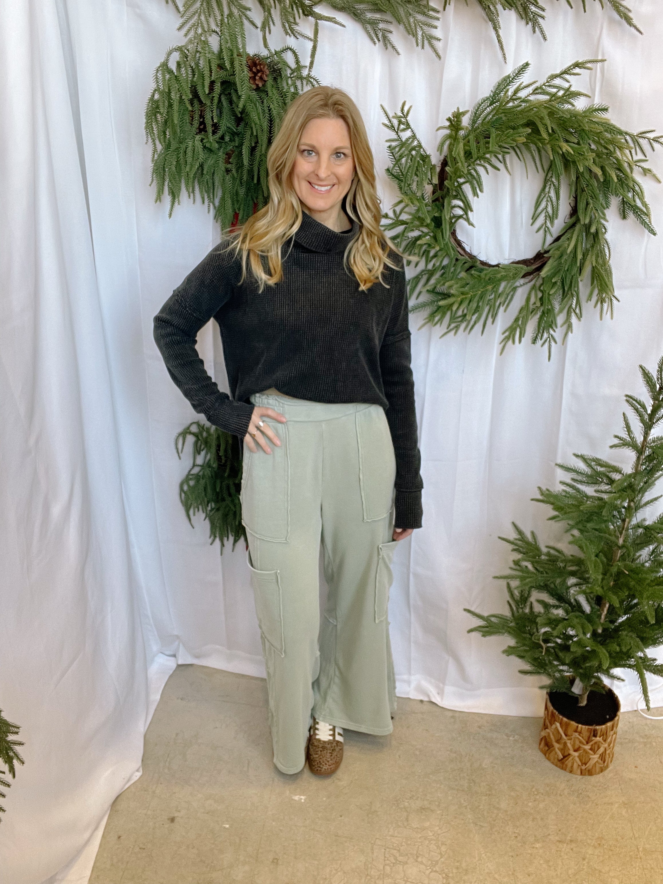 Knit Oversized Cargo Pants-Sage-Pants-hyfve-The Silo Boutique, Women's Fashion Boutique Located in Warren and Grand Forks North Dakota