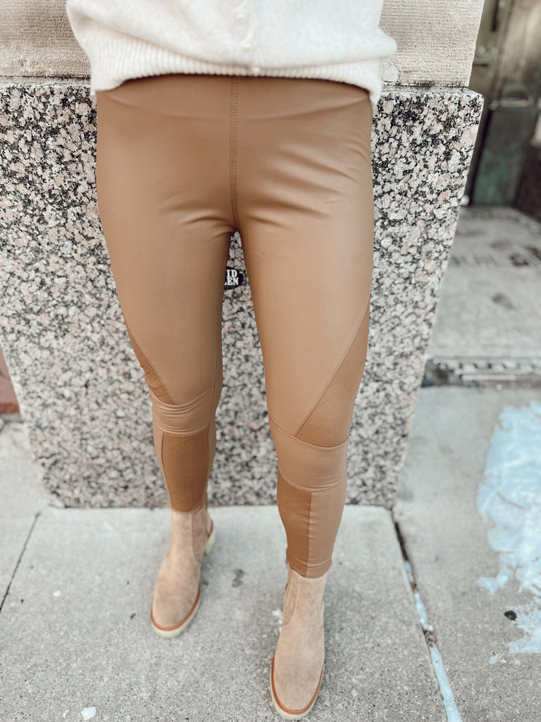 Apricot Camel Quilted Panel Leather Leggings-Leggings-Apricot-The Silo Boutique, Women's Fashion Boutique Located in Warren and Grand Forks North Dakota