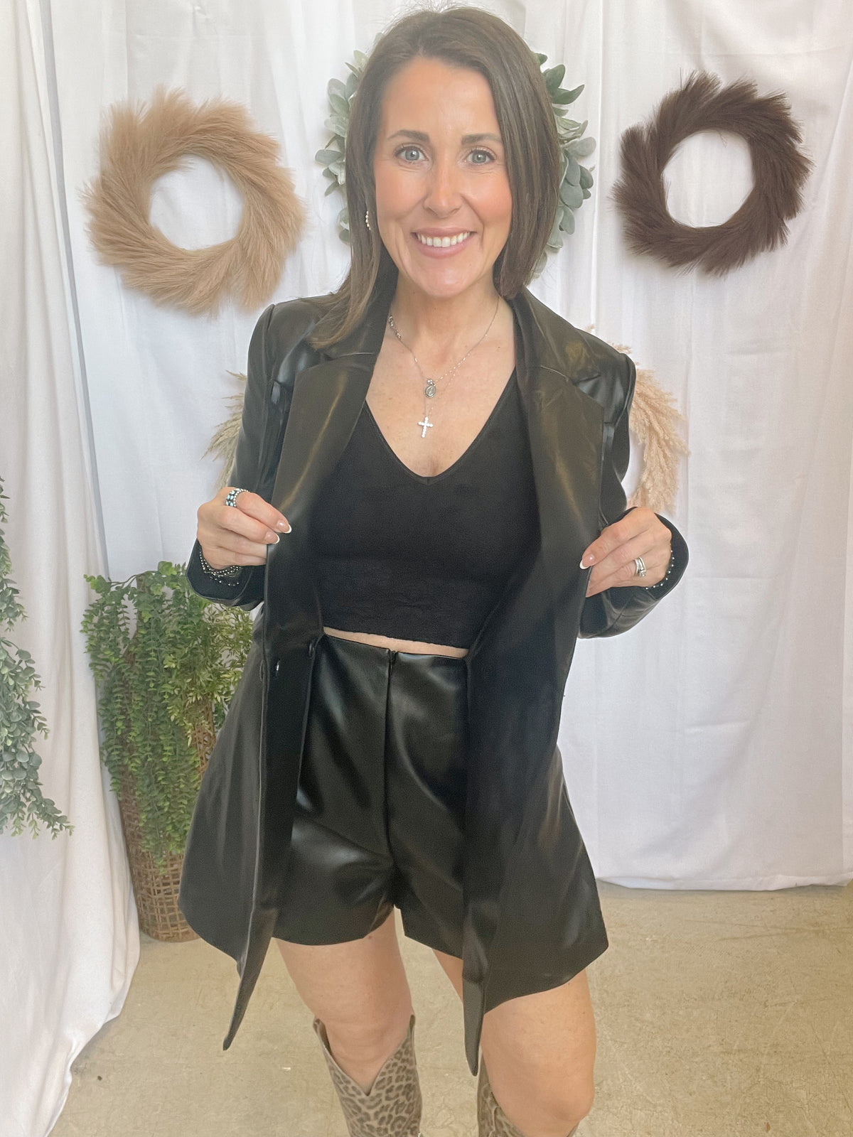 Blue B Faux Leather Blazer Romper-Jumpsuits & Rompers-blue B-The Silo Boutique, Women's Fashion Boutique Located in Warren and Grand Forks North Dakota