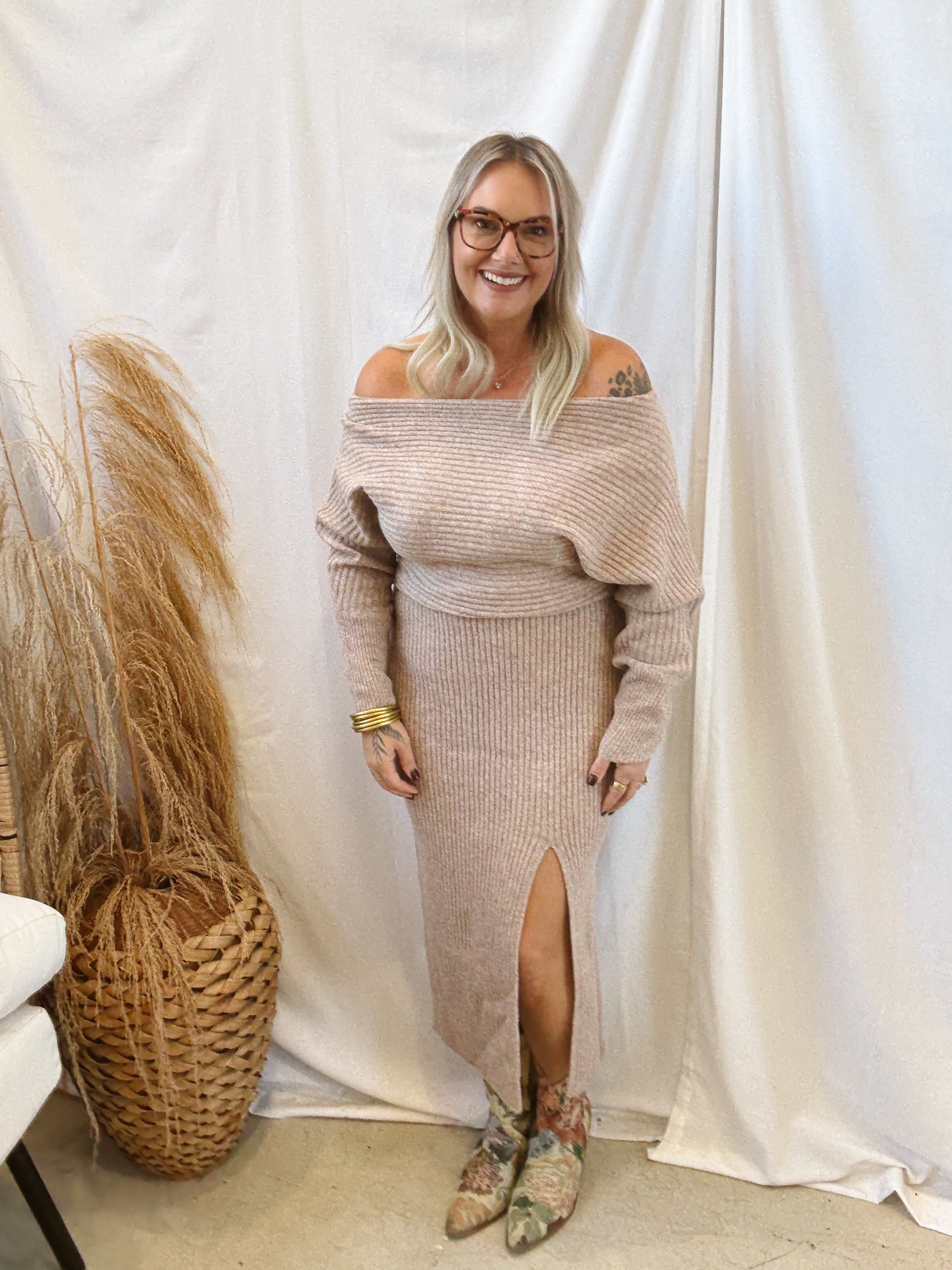 Latte Off The Shoulder Sweater Dress-Dresses-bluivy-The Silo Boutique, Women's Fashion Boutique Located in Warren and Grand Forks North Dakota