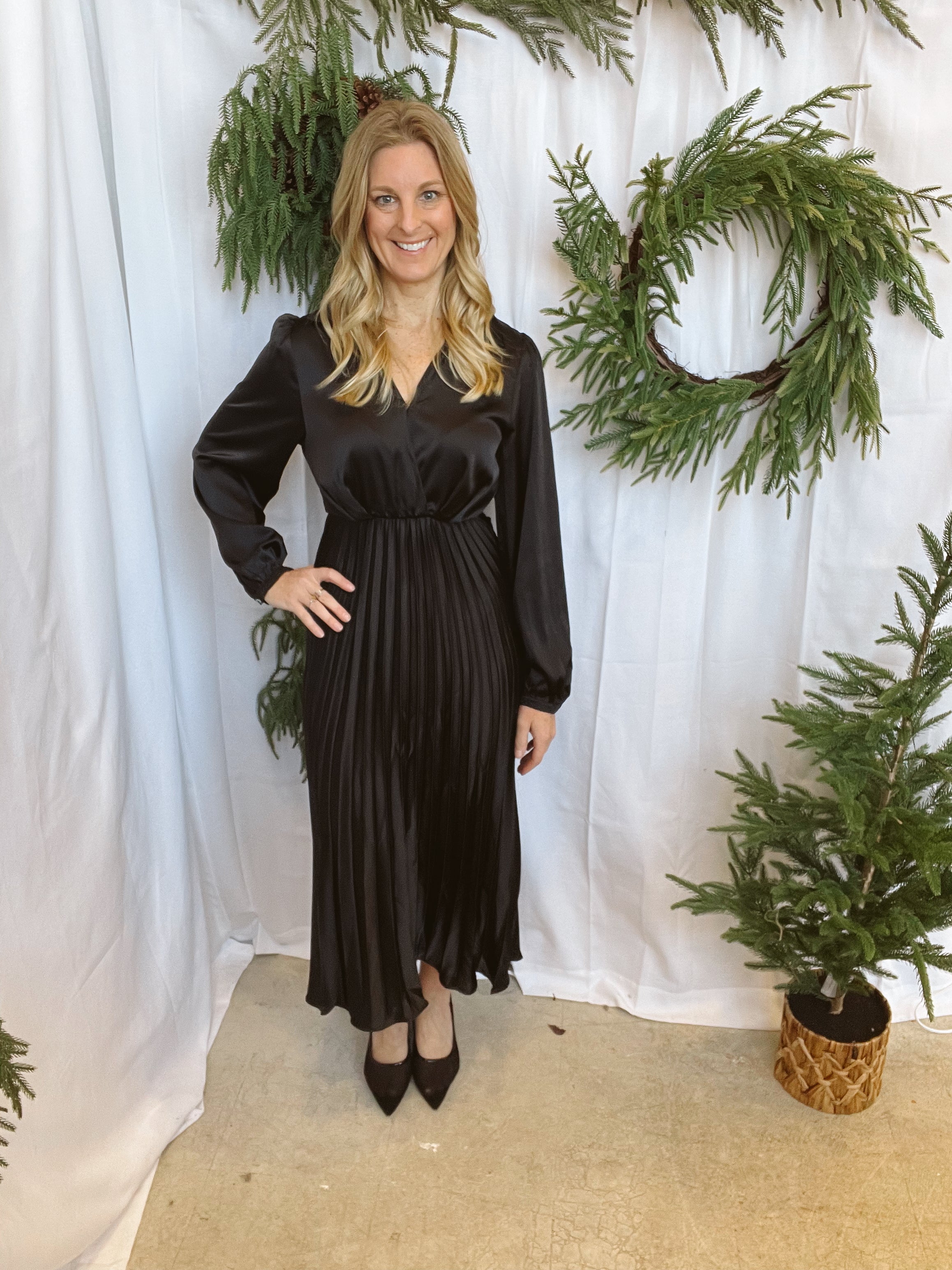 Satin Pleated Dress-Black-Sweaters-she and sky-The Silo Boutique, Women's Fashion Boutique Located in Warren and Grand Forks North Dakota