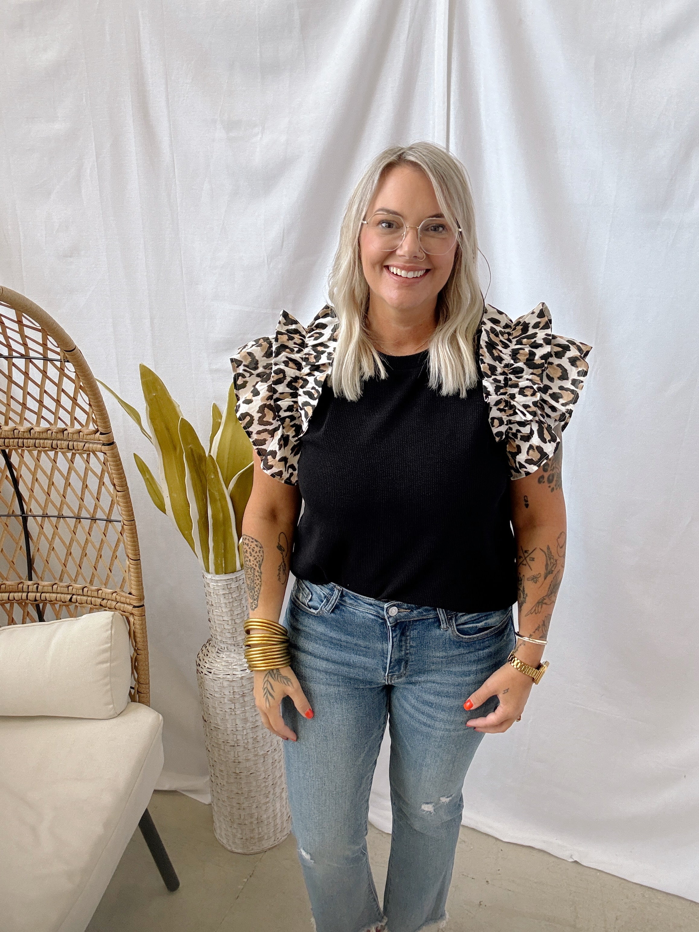 Black with Leopard Detail Sleeve-Tank Tops-entro-The Silo Boutique, Women's Fashion Boutique Located in Warren and Grand Forks North Dakota