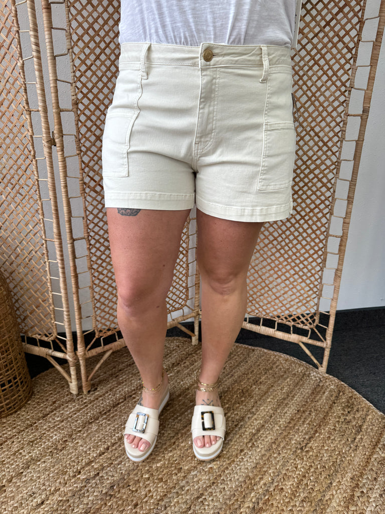 Kut From The Kloth Jane High Rise Ecru Shorts-Shorts-Kut-The Silo Boutique, Women's Fashion Boutique Located in Warren and Grand Forks North Dakota
