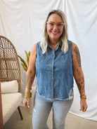 Sunflower Denim Top-Tank Tops-hem and thread-The Silo Boutique, Women's Fashion Boutique Located in Warren and Grand Forks North Dakota