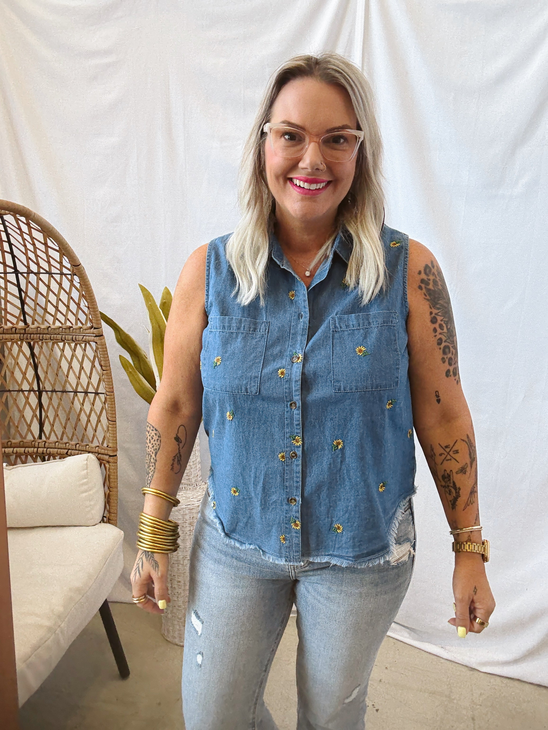 Sunflower Denim Top-Tank Tops-hem and thread-The Silo Boutique, Women's Fashion Boutique Located in Warren and Grand Forks North Dakota