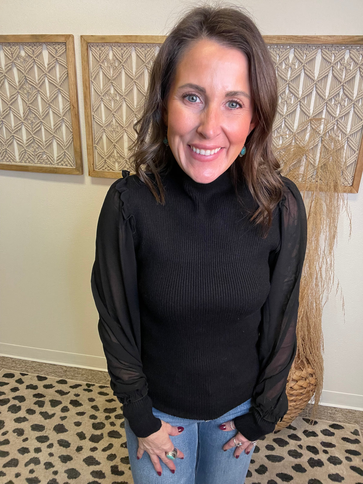 Elan Quinn Sweater Mesh Sleeve Top-Long Sleeve Tops-elan-The Silo Boutique, Women's Fashion Boutique Located in Warren and Grand Forks North Dakota