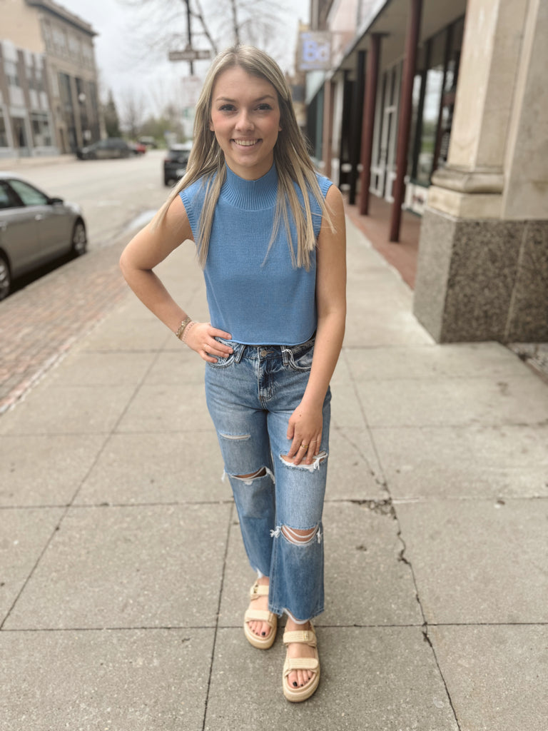 Sea Blue Cassia Knit Top-Tank Tops-by together-The Silo Boutique, Women's Fashion Boutique Located in Warren and Grand Forks North Dakota