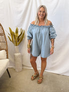 Off The Shoulder Denim Romper-Final Sale-Jumpsuits & Rompers-veveret-The Silo Boutique, Women's Fashion Boutique Located in Warren and Grand Forks North Dakota