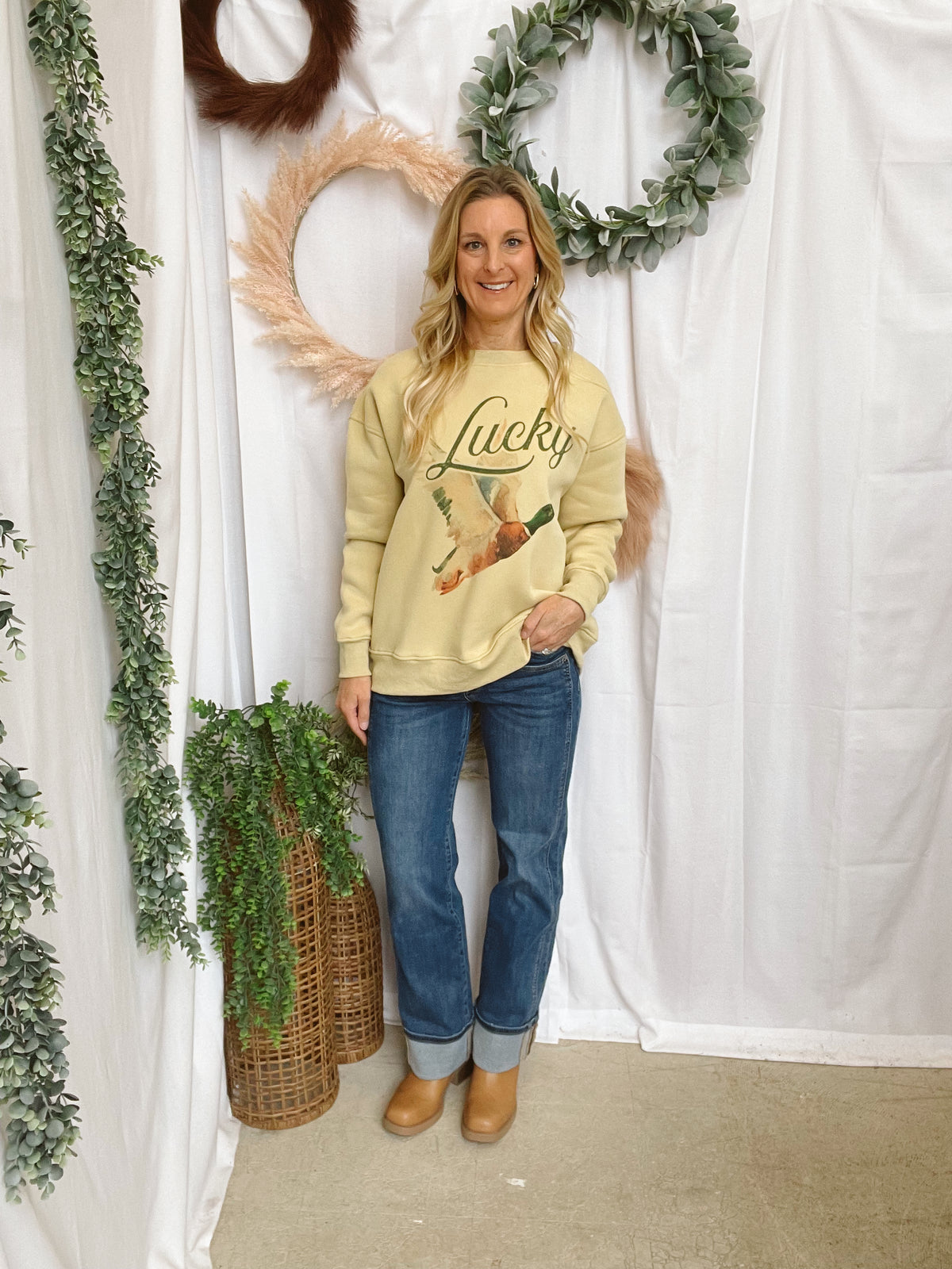 Jade Lucky Duck Sweatshirt-Mustard-Sweatshirts-jade by jane-The Silo Boutique, Women's Fashion Boutique Located in Warren and Grand Forks North Dakota