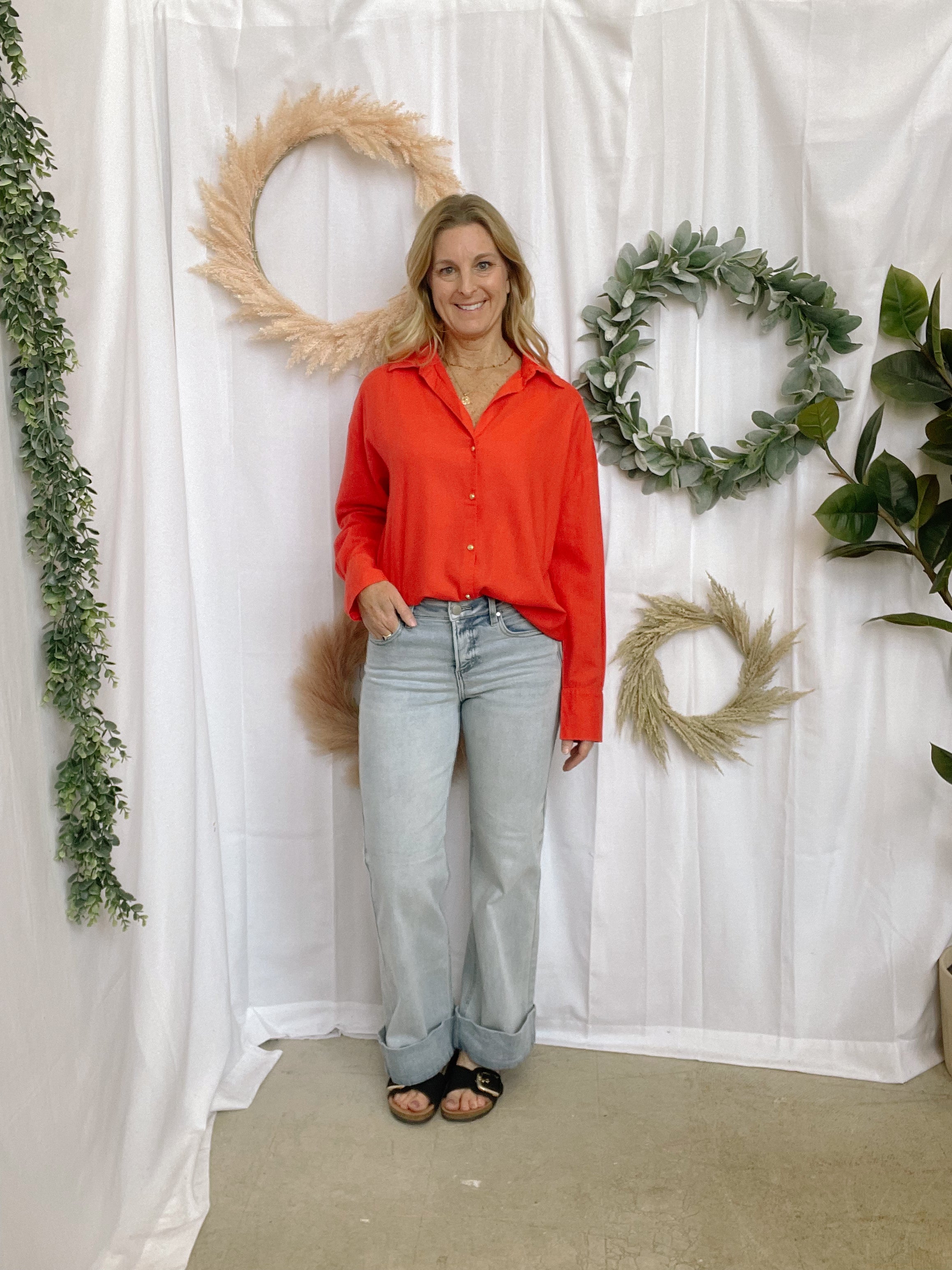 Elan Red Collared Shirt-Long Sleeve Tops-elan-The Silo Boutique, Women's Fashion Boutique Located in Warren and Grand Forks North Dakota